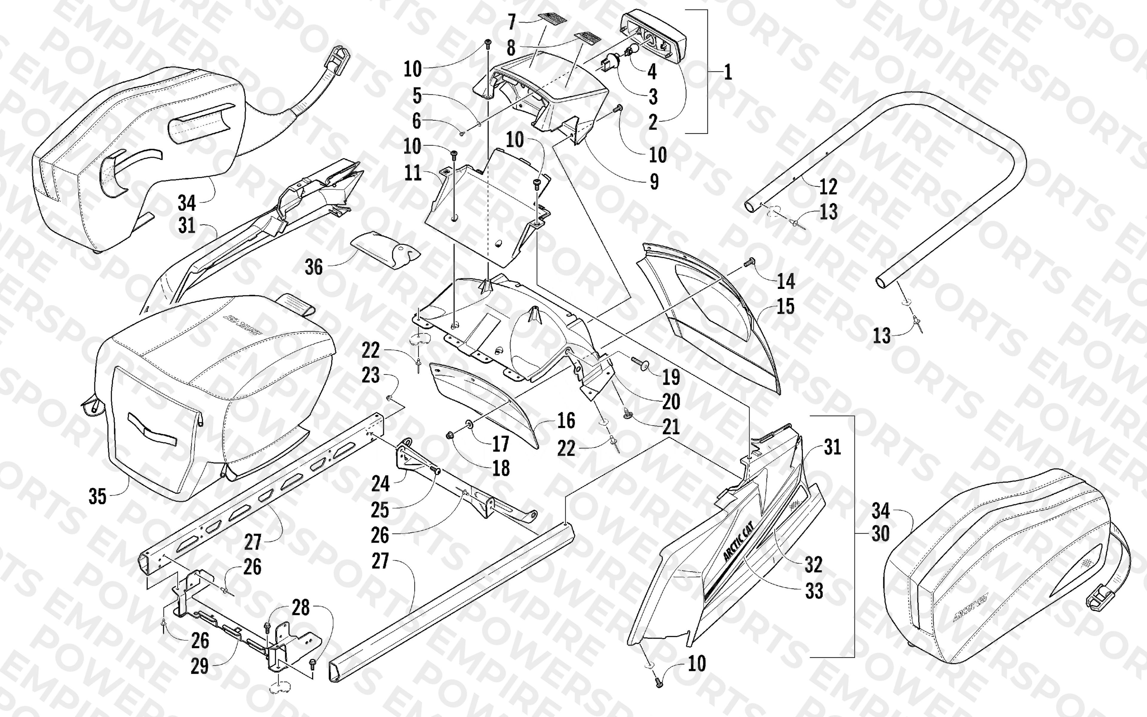REAR BUMPER, RACK RAIL, SNOWFLAP, AND TAILLIGHT ASSEMBLY