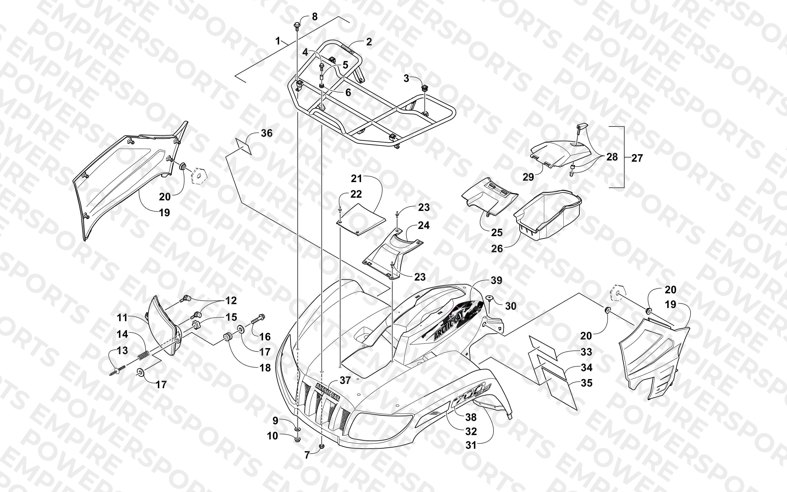 FRONT RACK, BODY PANEL, AND HEADLIGHT ASSEMBLIES