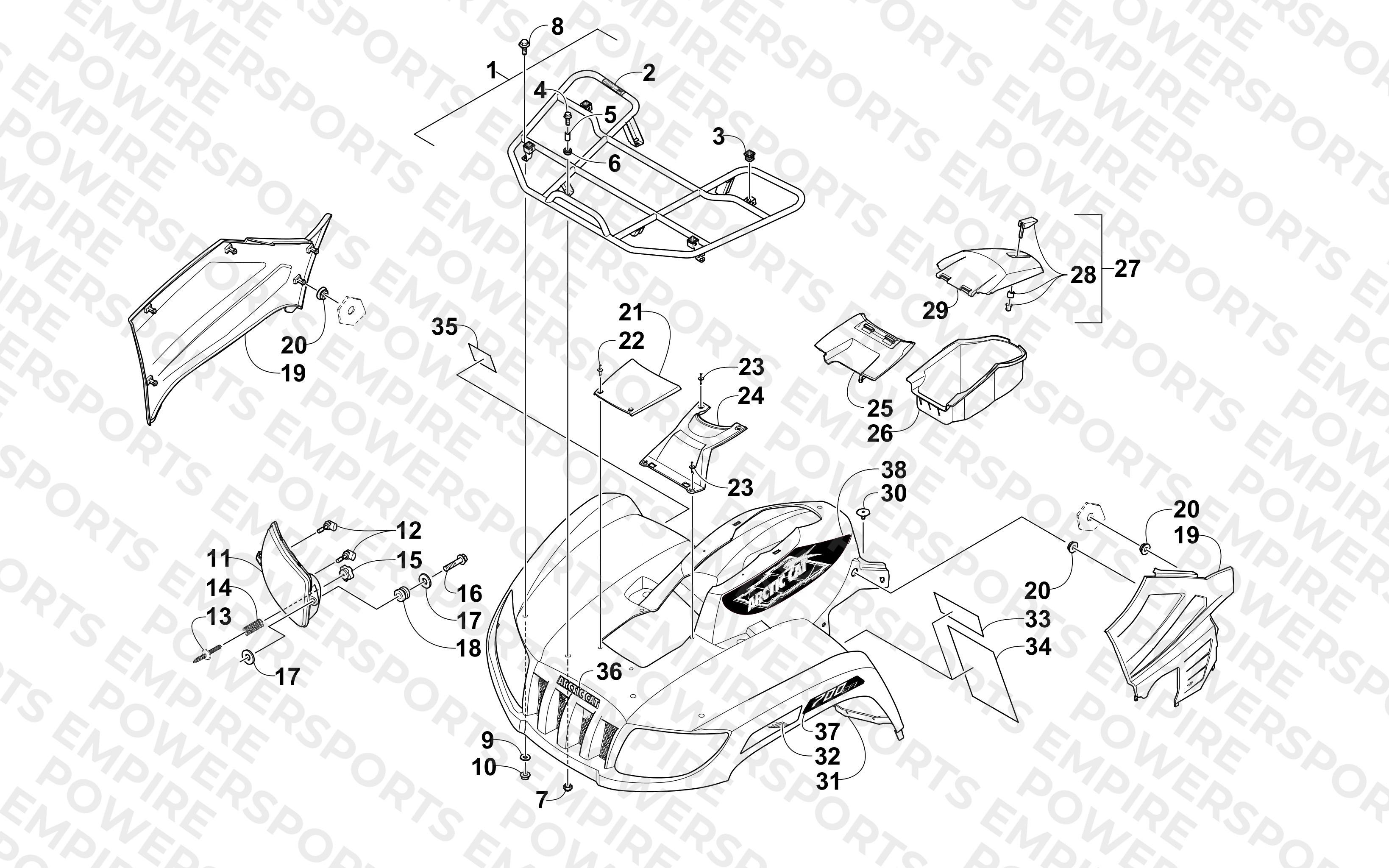 FRONT RACK, BODY PANEL, AND HEADLIGHT ASSEMBLIES