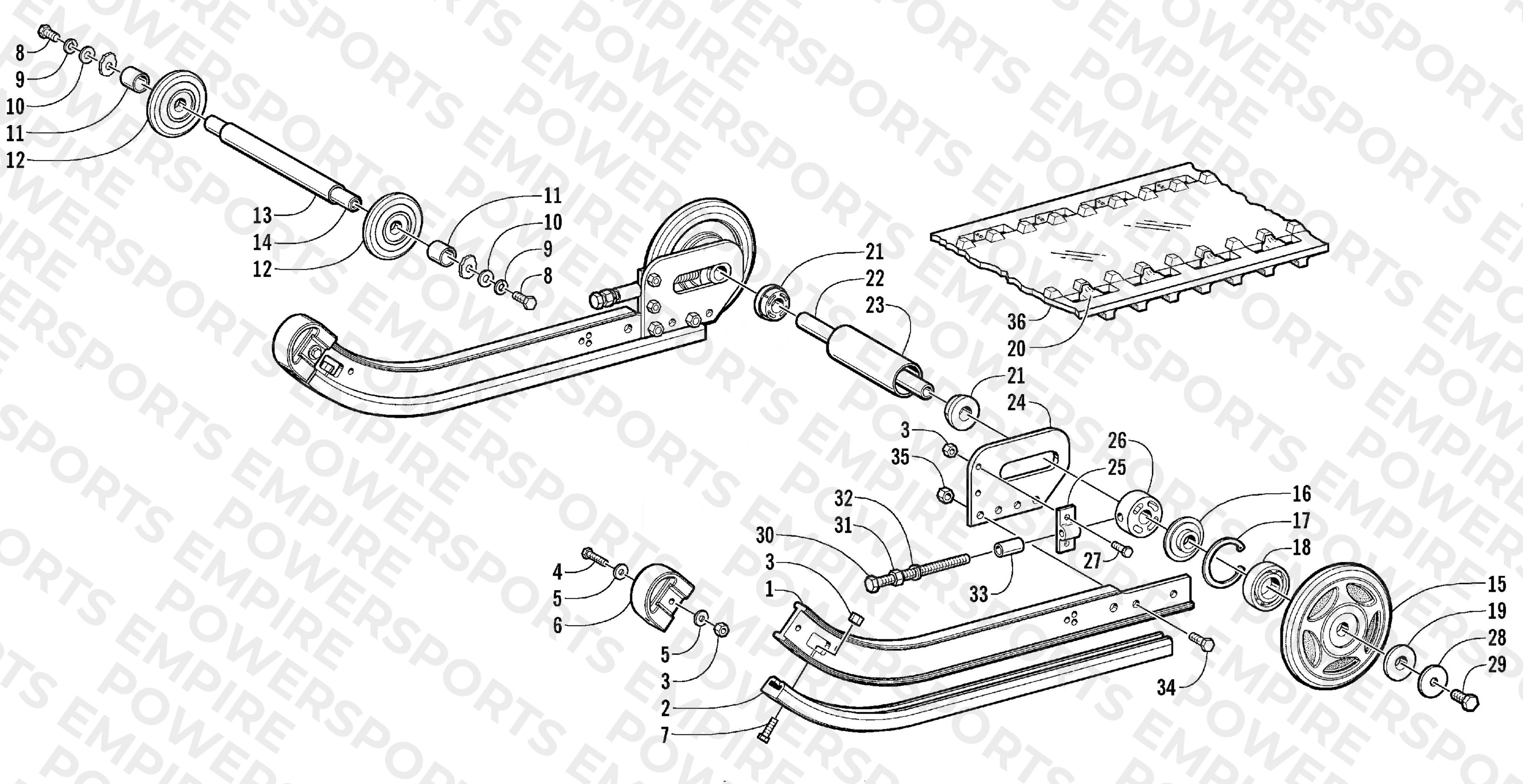 SLIDE RAIL, IDLER WHEELS, AND TRACK ASSEMBLY