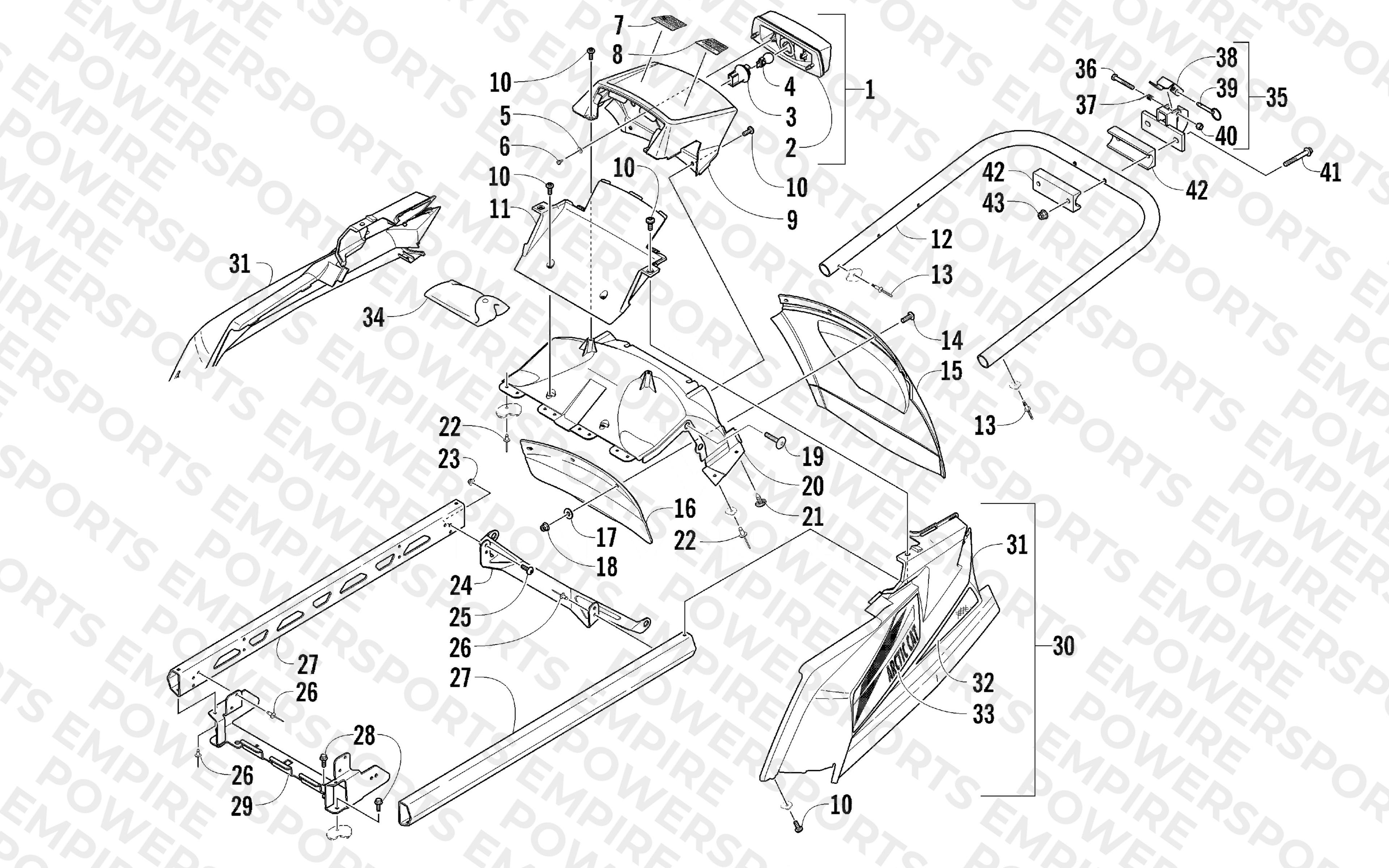 REAR BUMPER, RACK RAIL, SNOWFLAP, AND TAILLIGHT ASSEMBLY