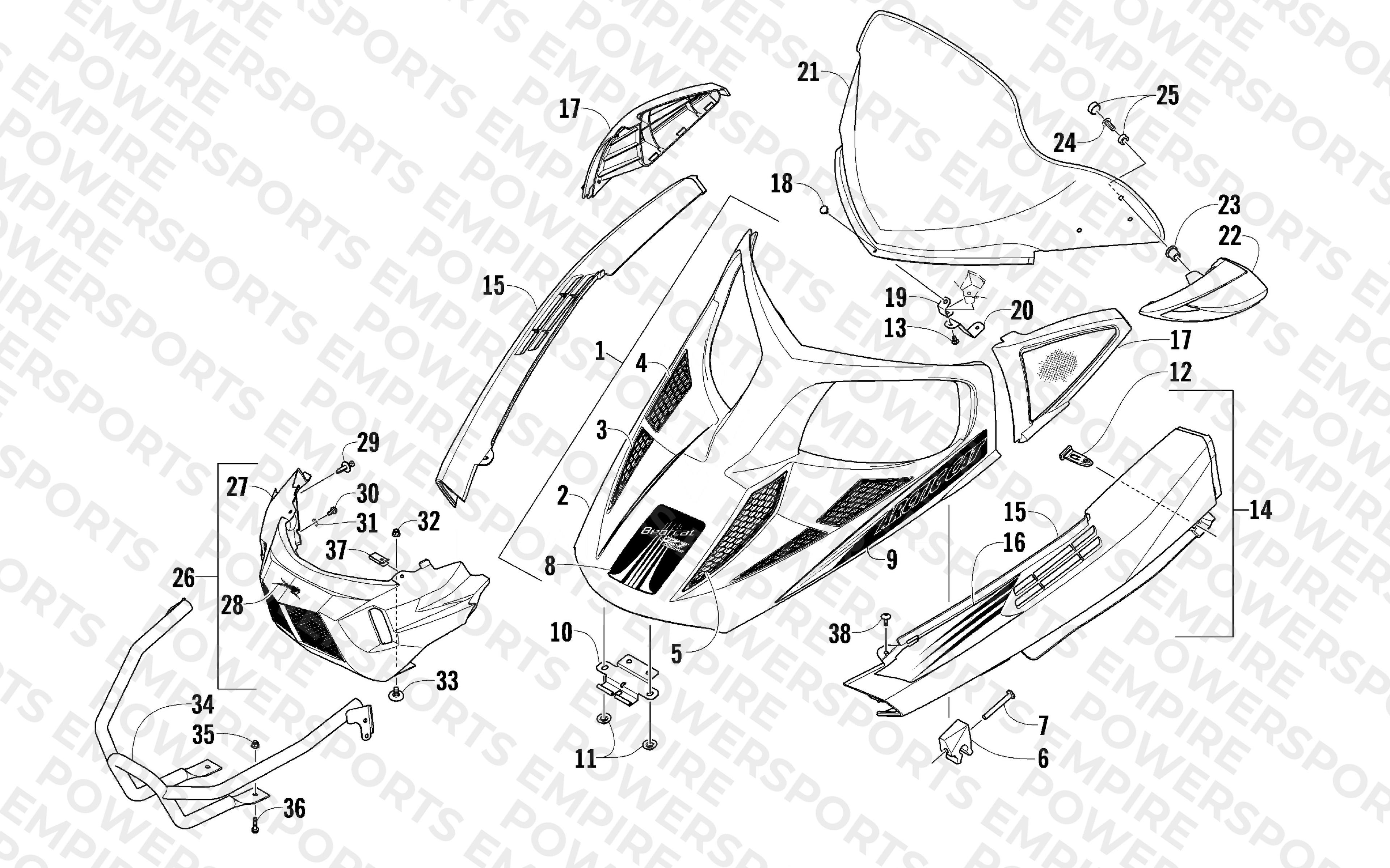 HOOD, WINDSHIELD, AND FRONT BUMPER ASSEMBLY