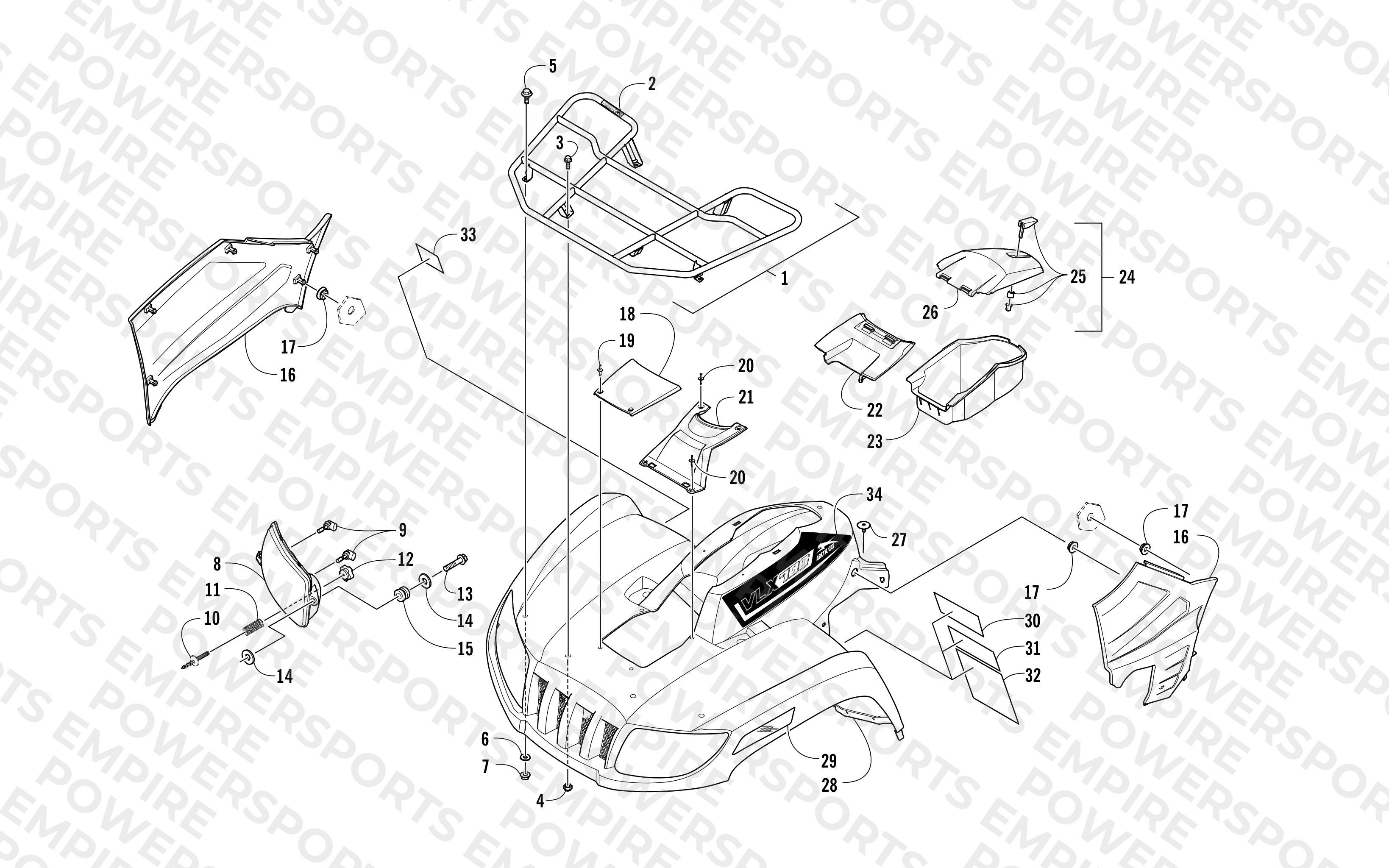 FRONT RACK, BODY PANEL, AND HEADLIGHT ASSEMBLIES