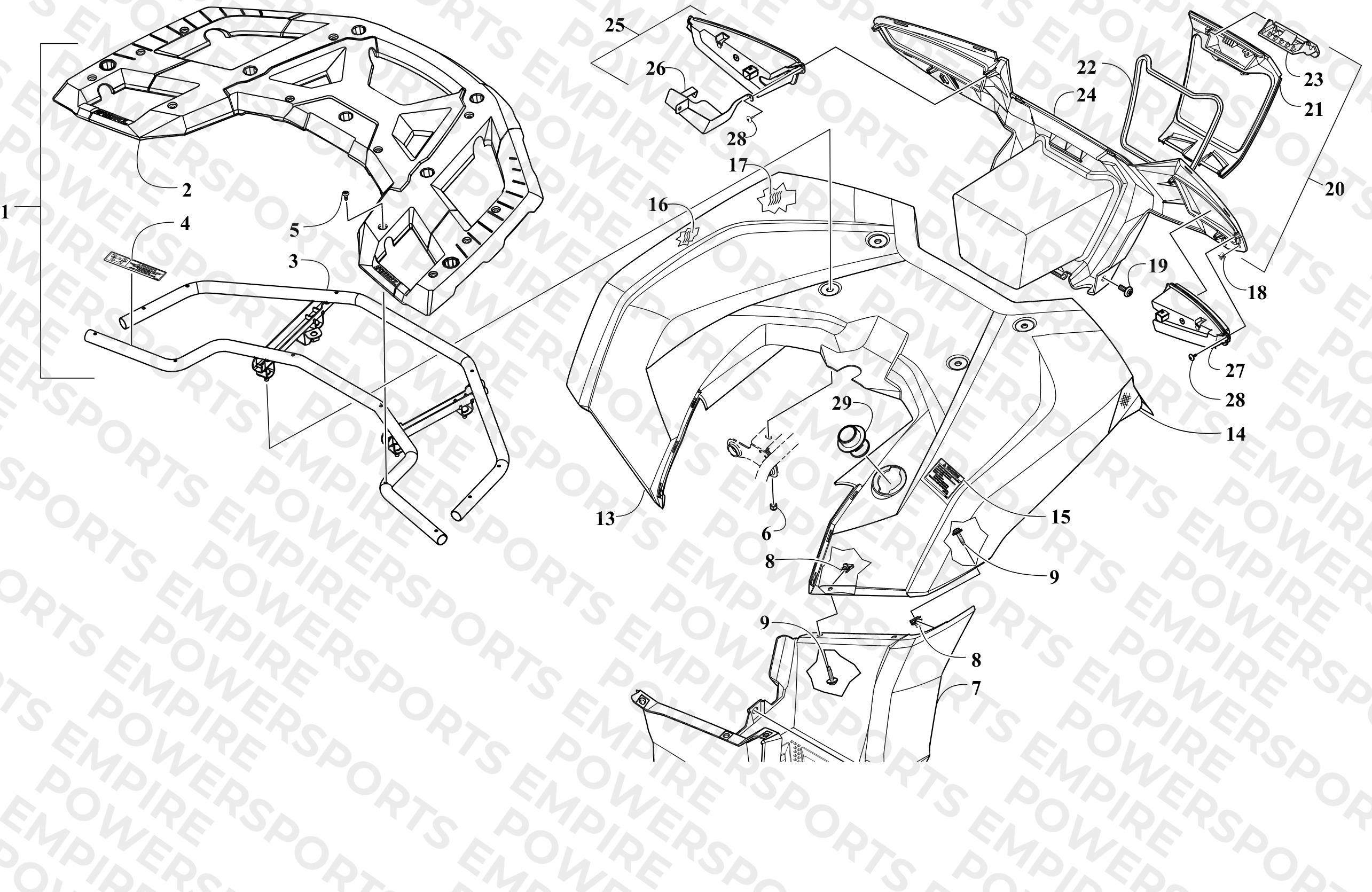 REAR RACK, BODY PANEL, FOOTWELL AND TAILLIGHT ASSEMBLIES