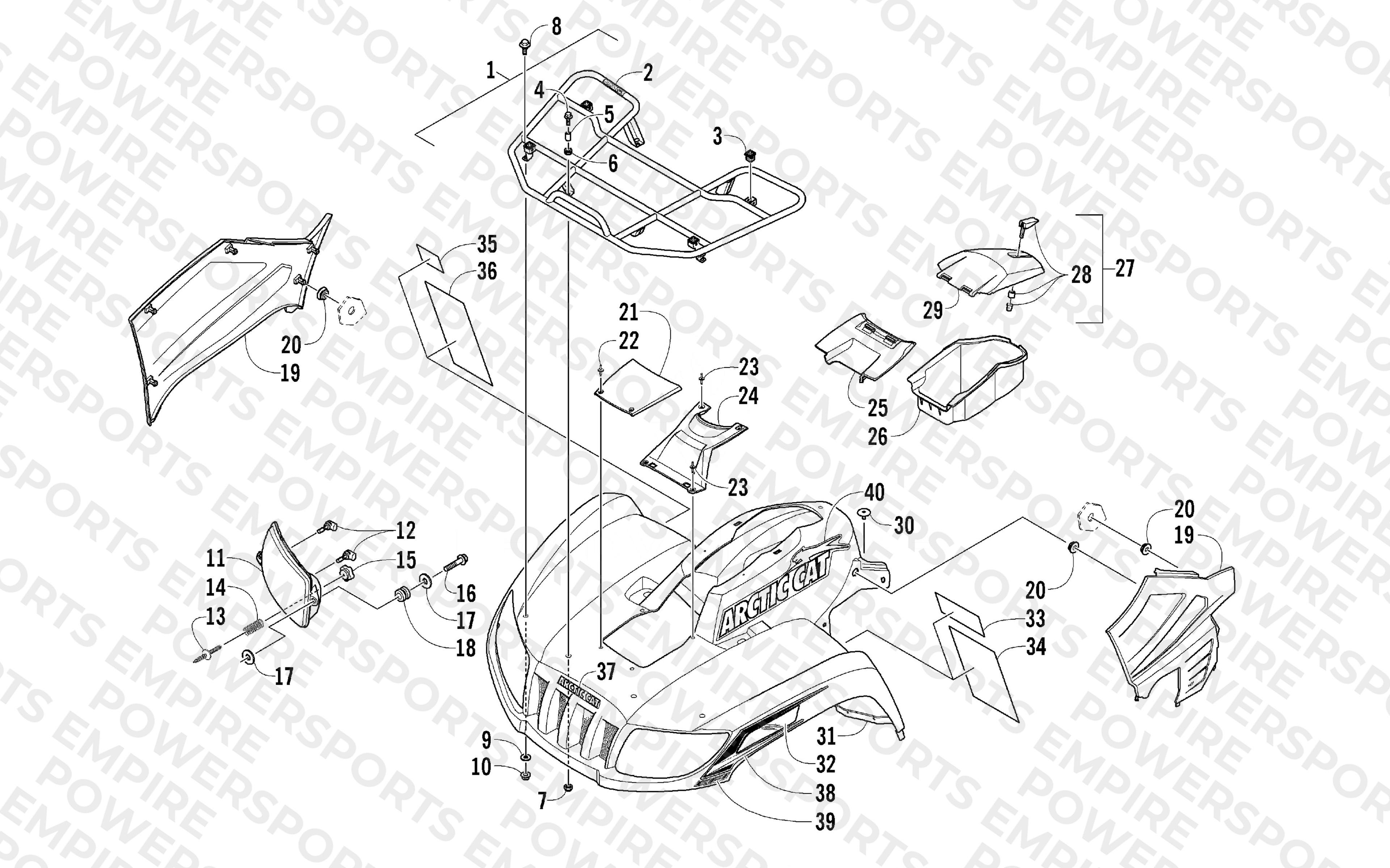 FRONT RACK, BODY PANEL, AND HEADLIGHT ASSEMBLIES