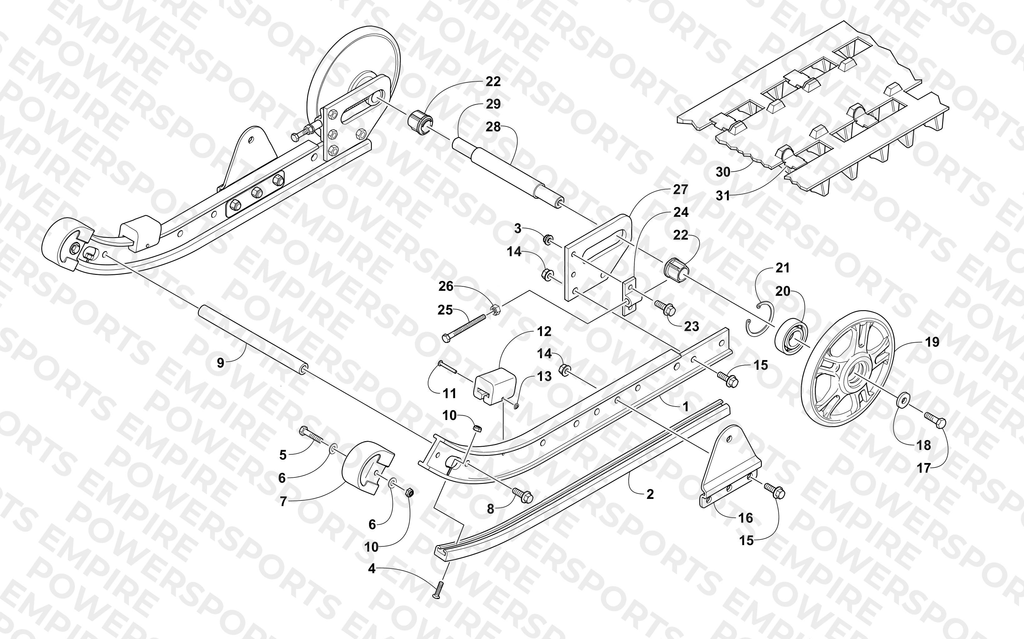 SLIDE RAIL, IDLER WHEELS, AND TRACK ASSEMBLY