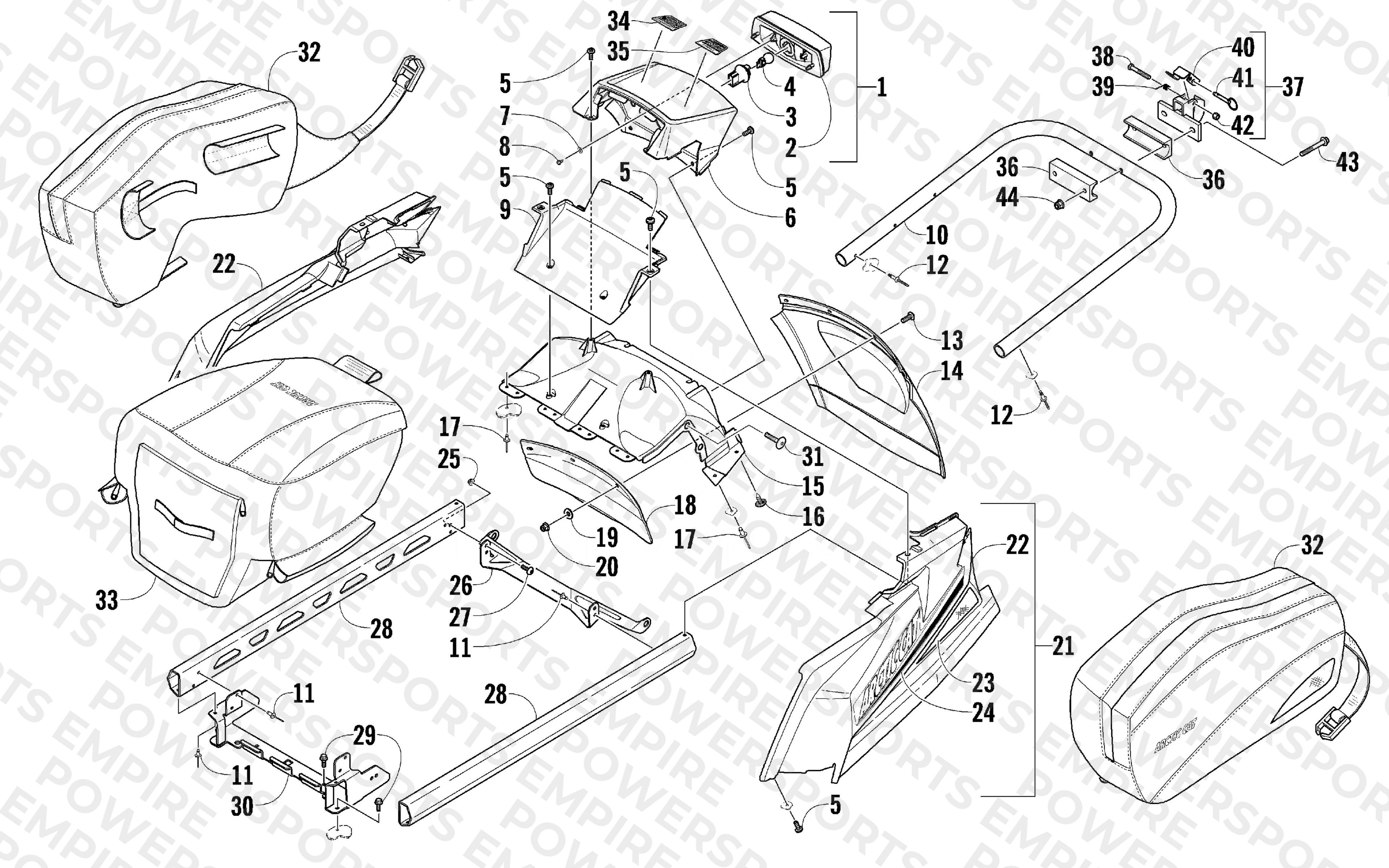 REAR BUMPER, RACK RAIL, SNOWFLAP, AND TAILLIGHT ASSEMBLY