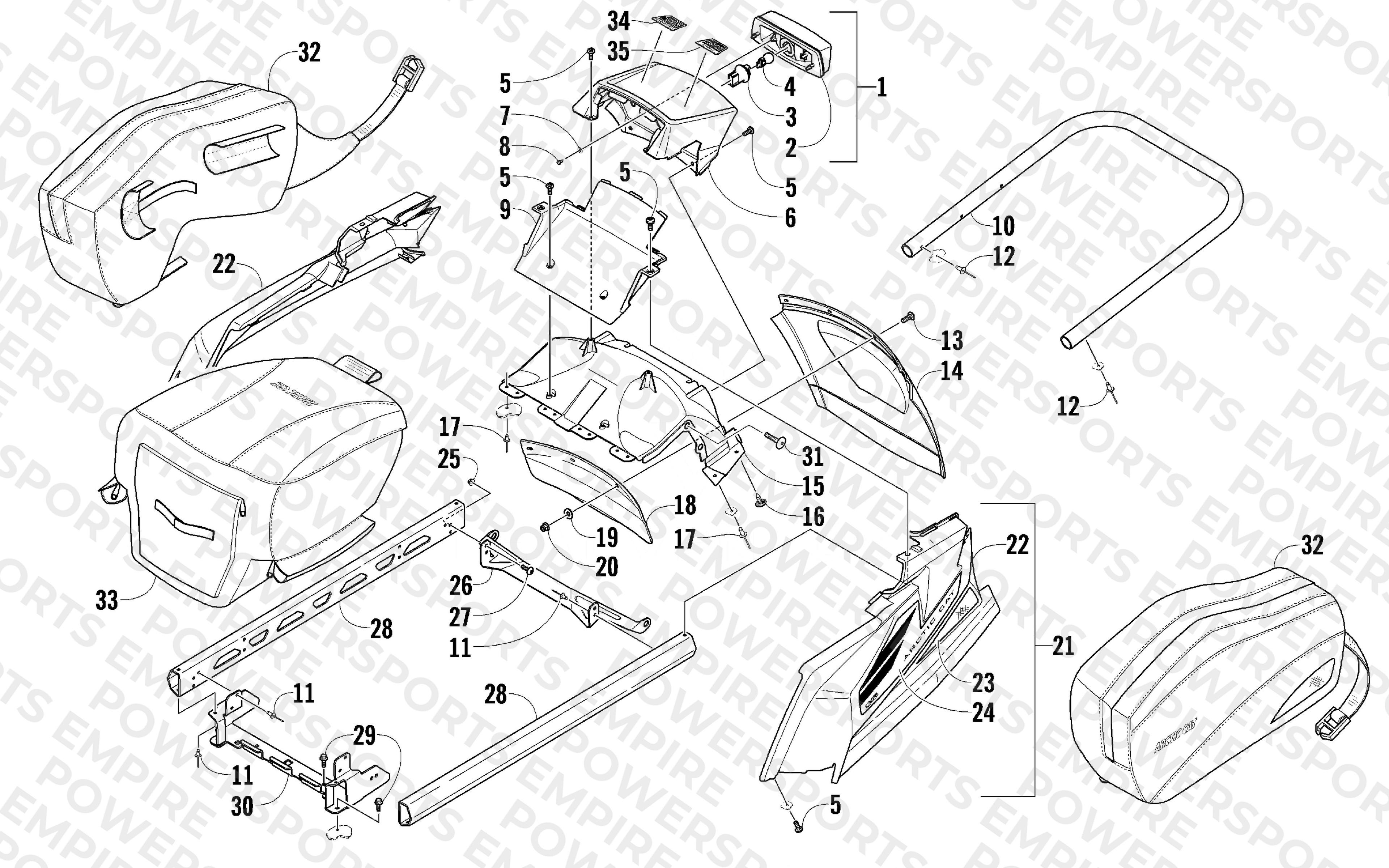 REAR BUMPER, RACK RAIL, SNOWFLAP, AND TAILLIGHT ASSEMBLY