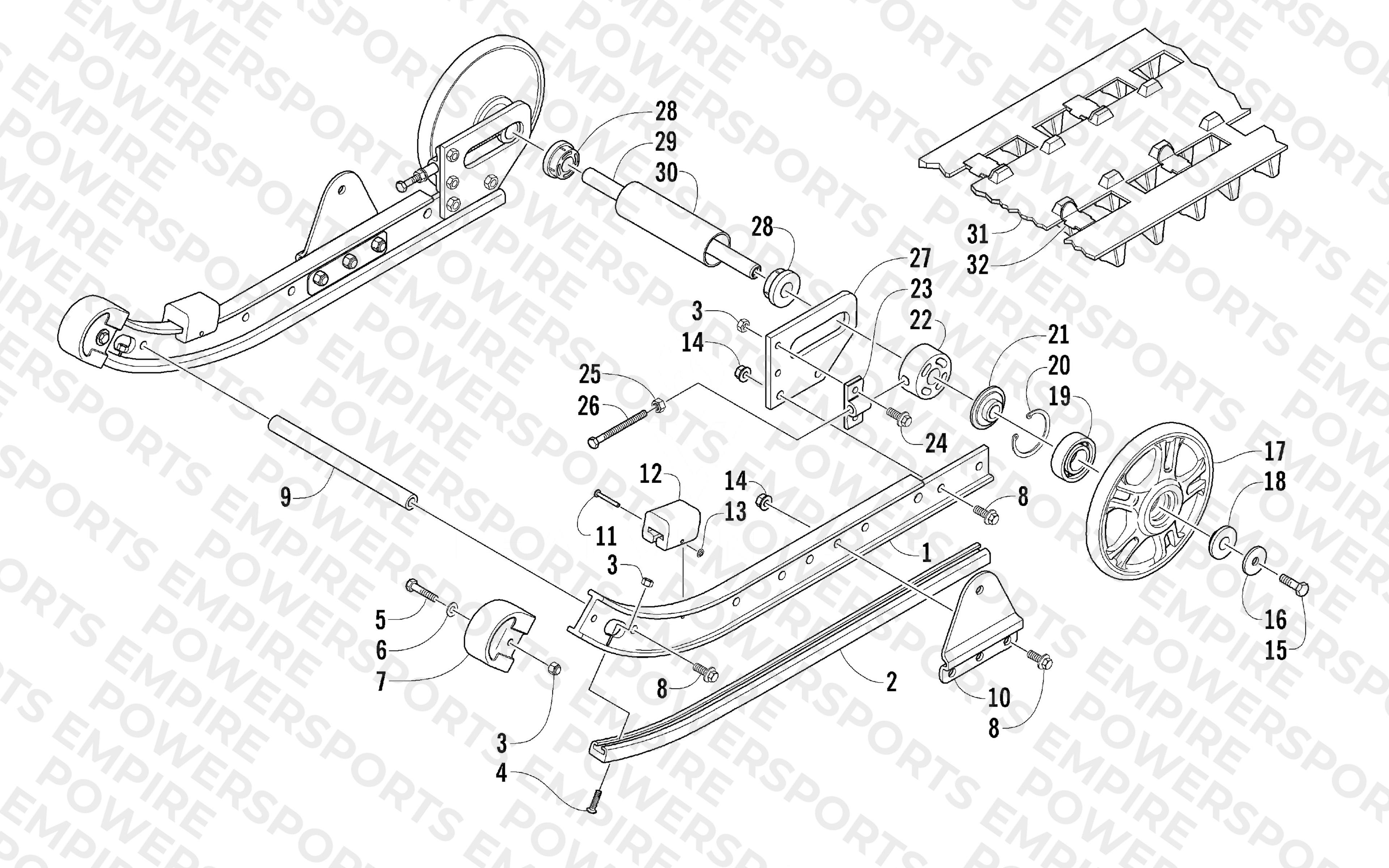 SLIDE RAIL, IDLER WHEELS, AND TRACK ASSEMBLY