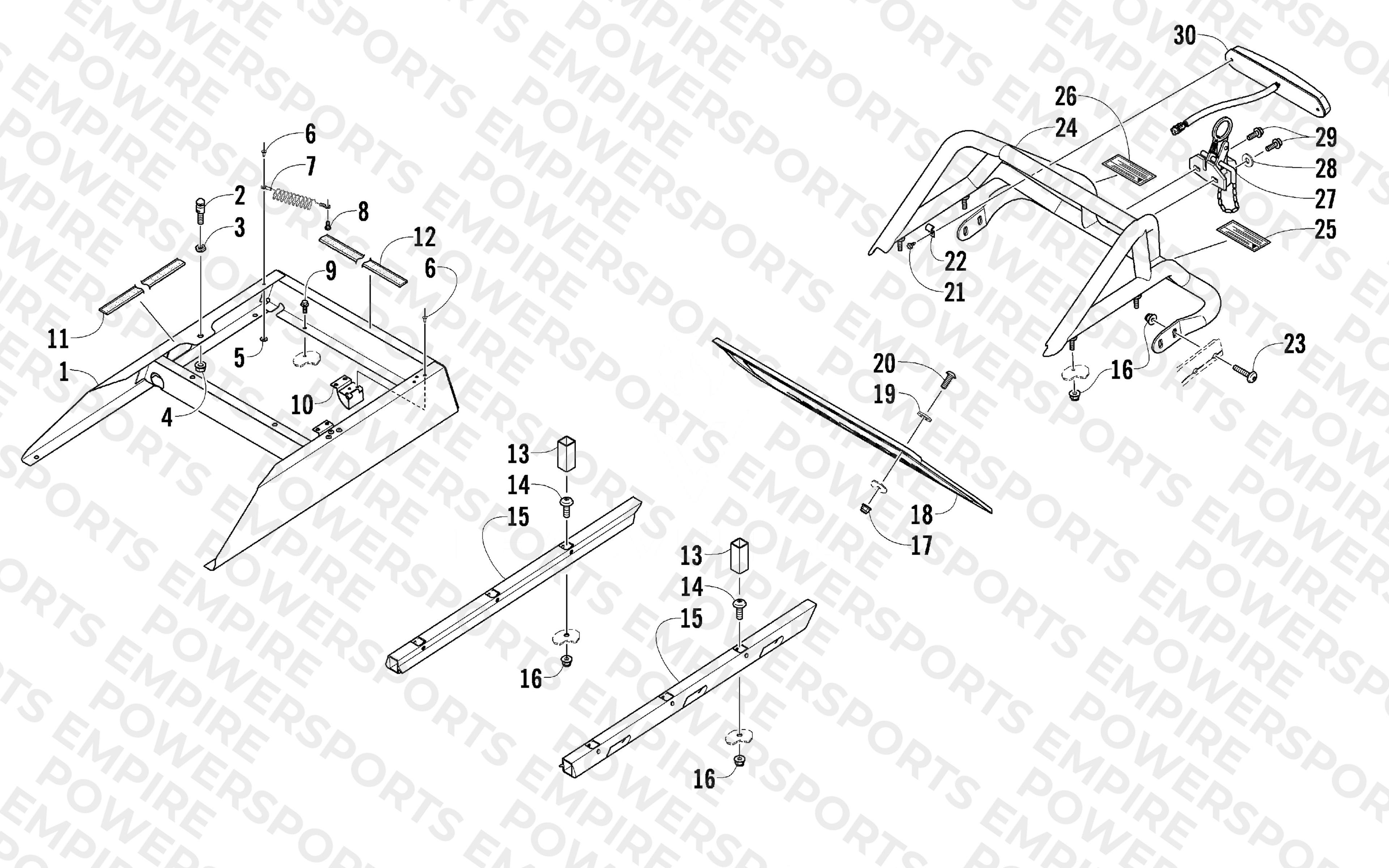 REAR BUMPER, RACK RAIL, SNOWFLAP, AND TAILLIGHT ASSEMBLY