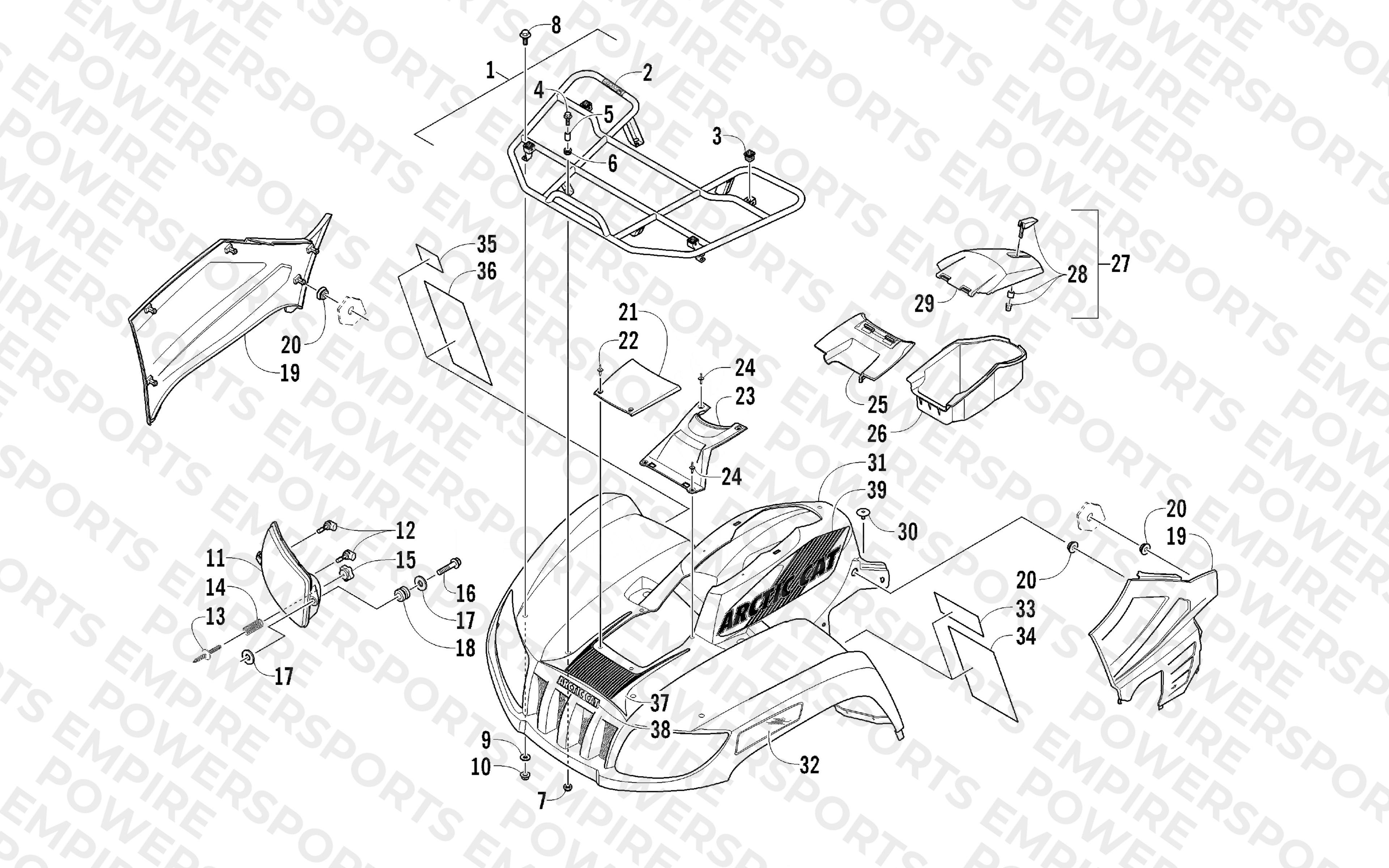 FRONT RACK, BODY PANEL, AND HEADLIGHT ASSEMBLIES