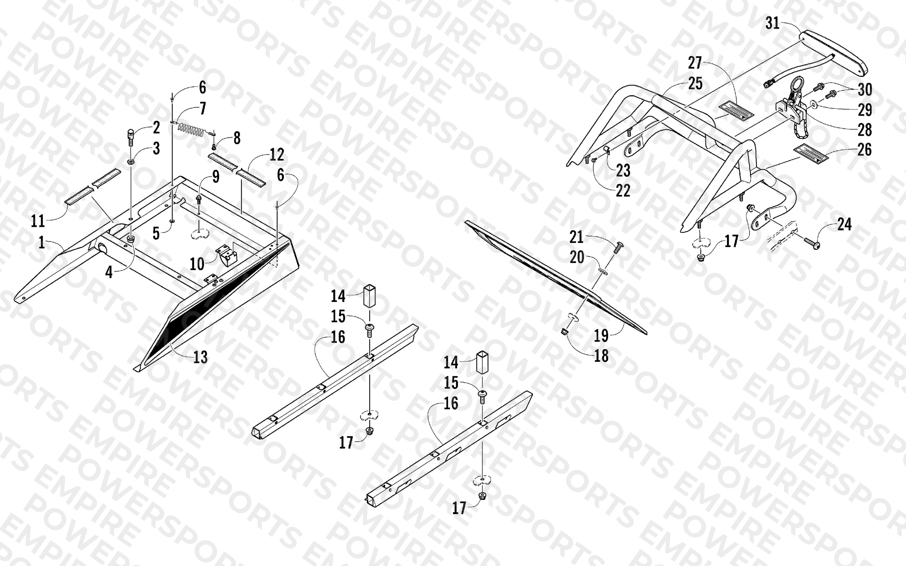 REAR BUMPER, RACK RAIL, SNOWFLAP, AND TAILLIGHT ASSEMBLY