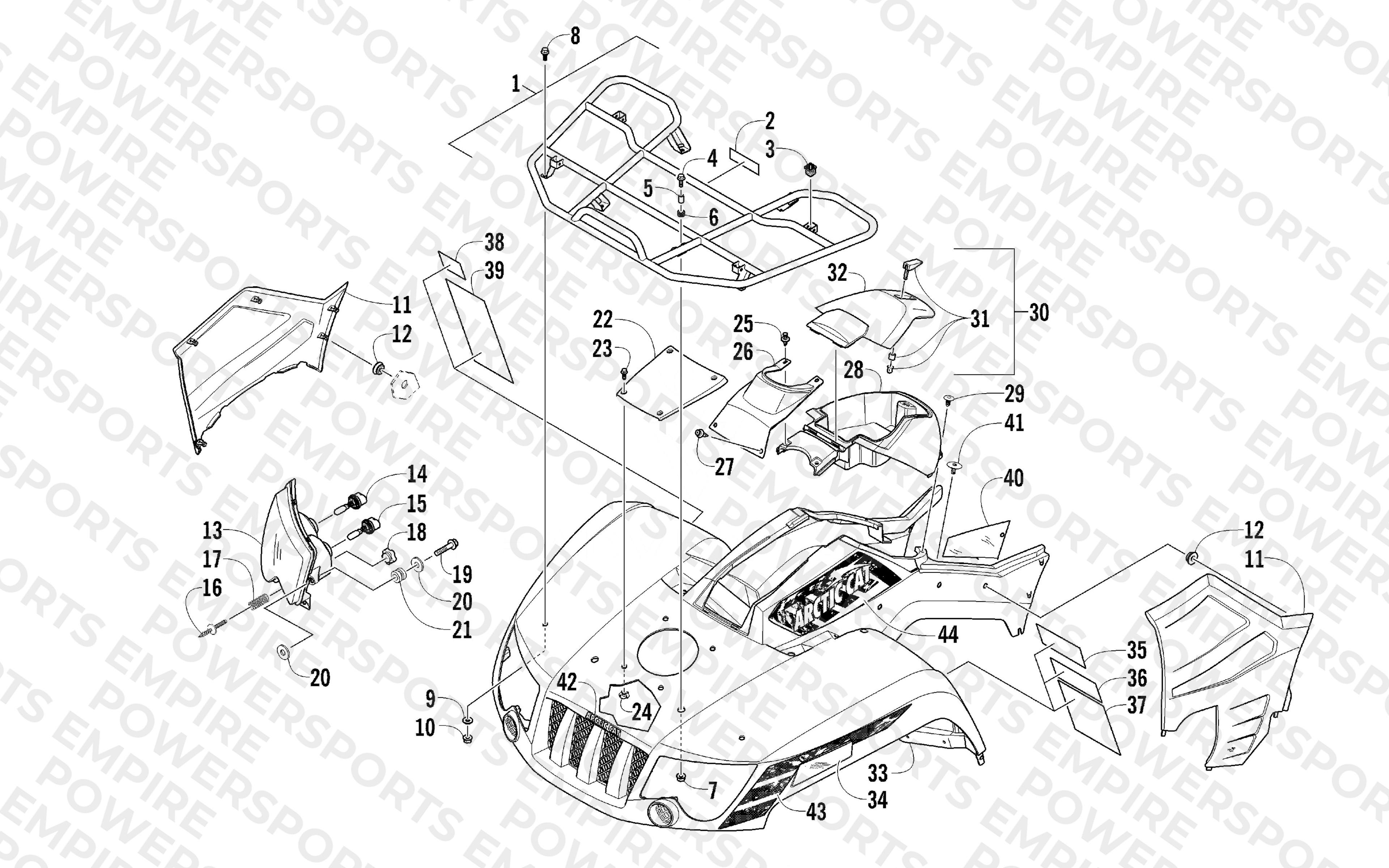 FRONT RACK, BODY PANEL, AND HEADLIGHT ASSEMBLIES