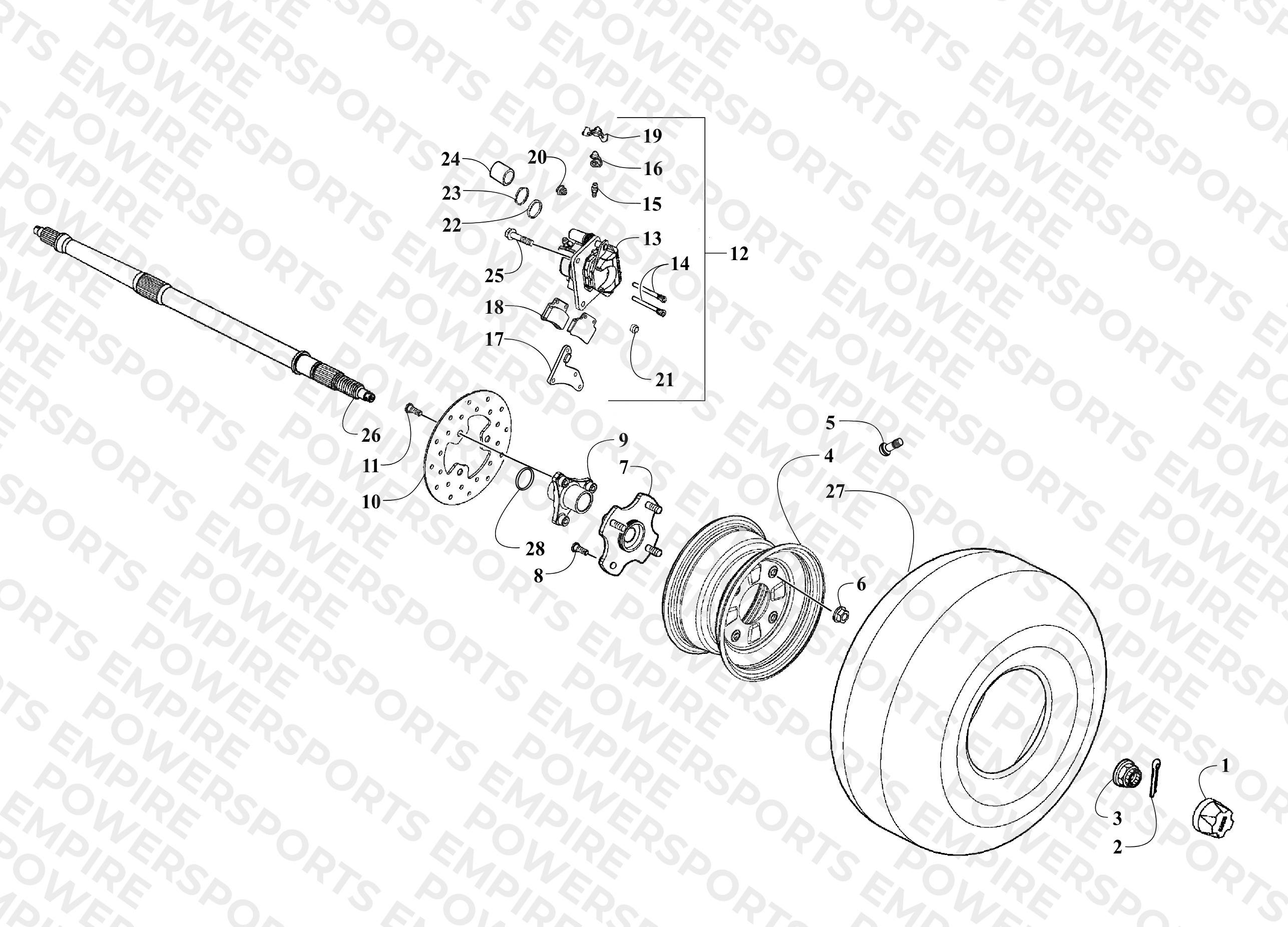 REAR WHEELS, AXLE, AND BRAKE ASSEMBLY
