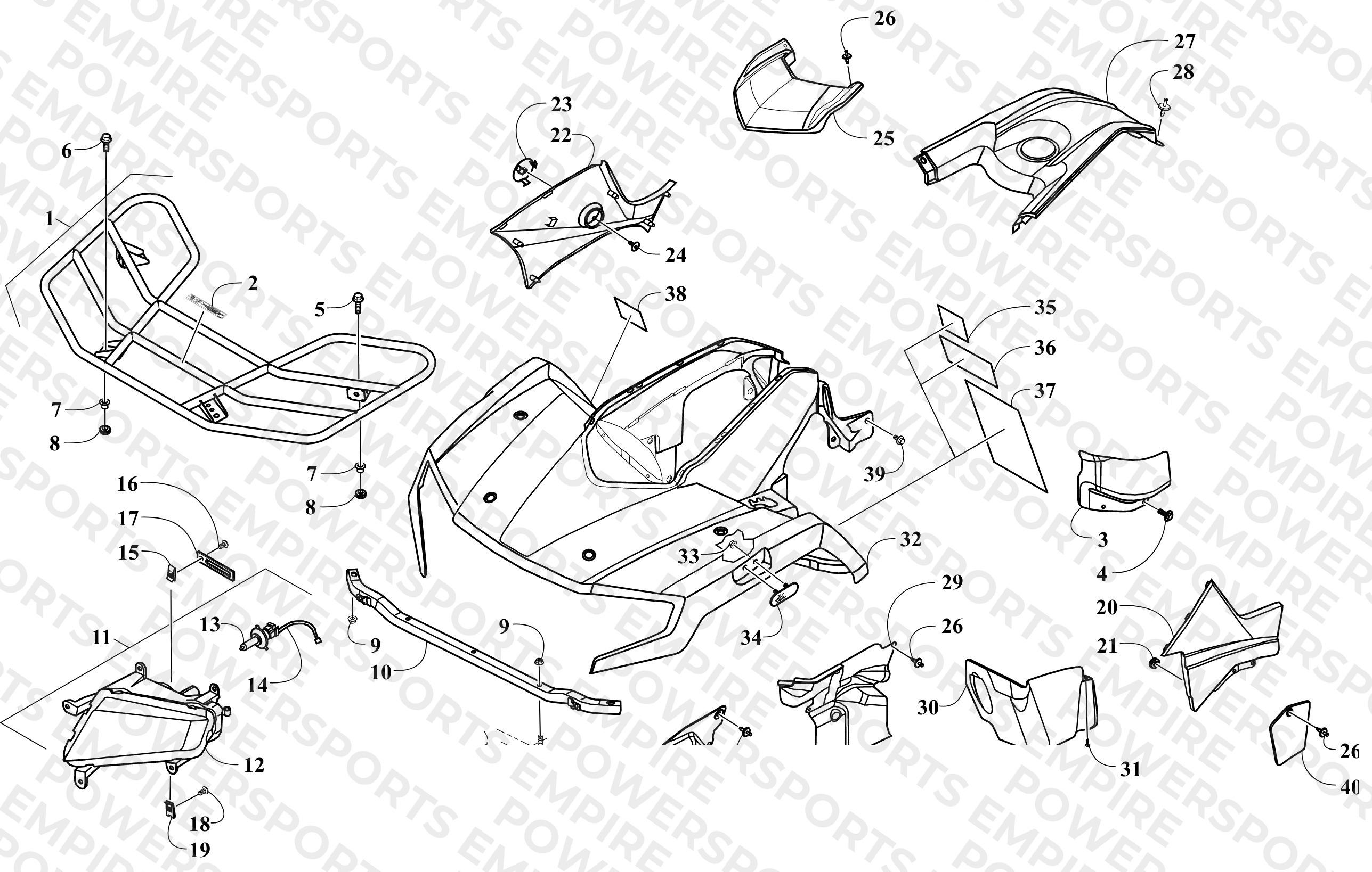 FRONT BODY, RACK, AND HEADLIGHT ASSEMBLY