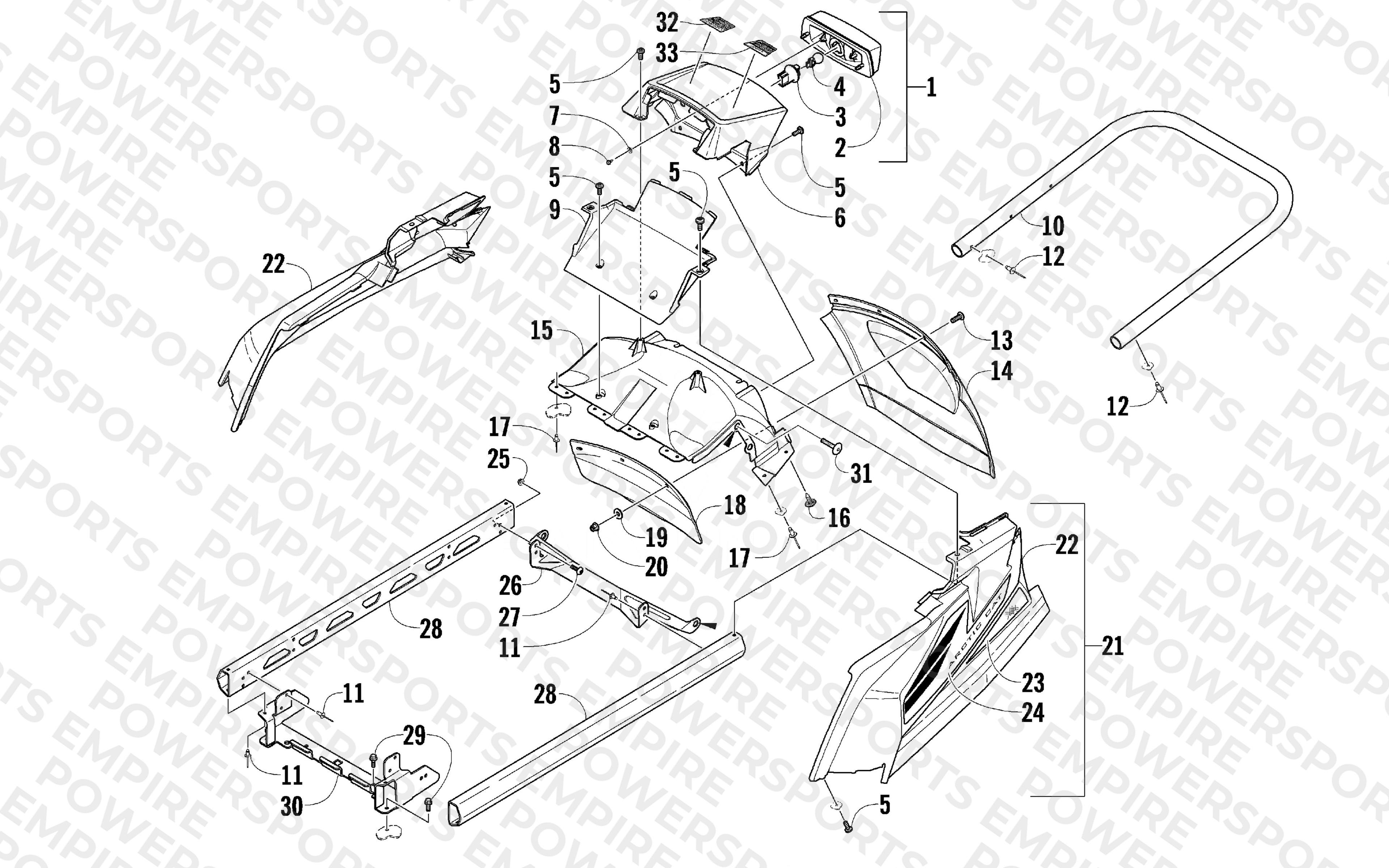 REAR BUMPER, RACK RAIL, SNOWFLAP, AND TAILLIGHT ASSEMBLY