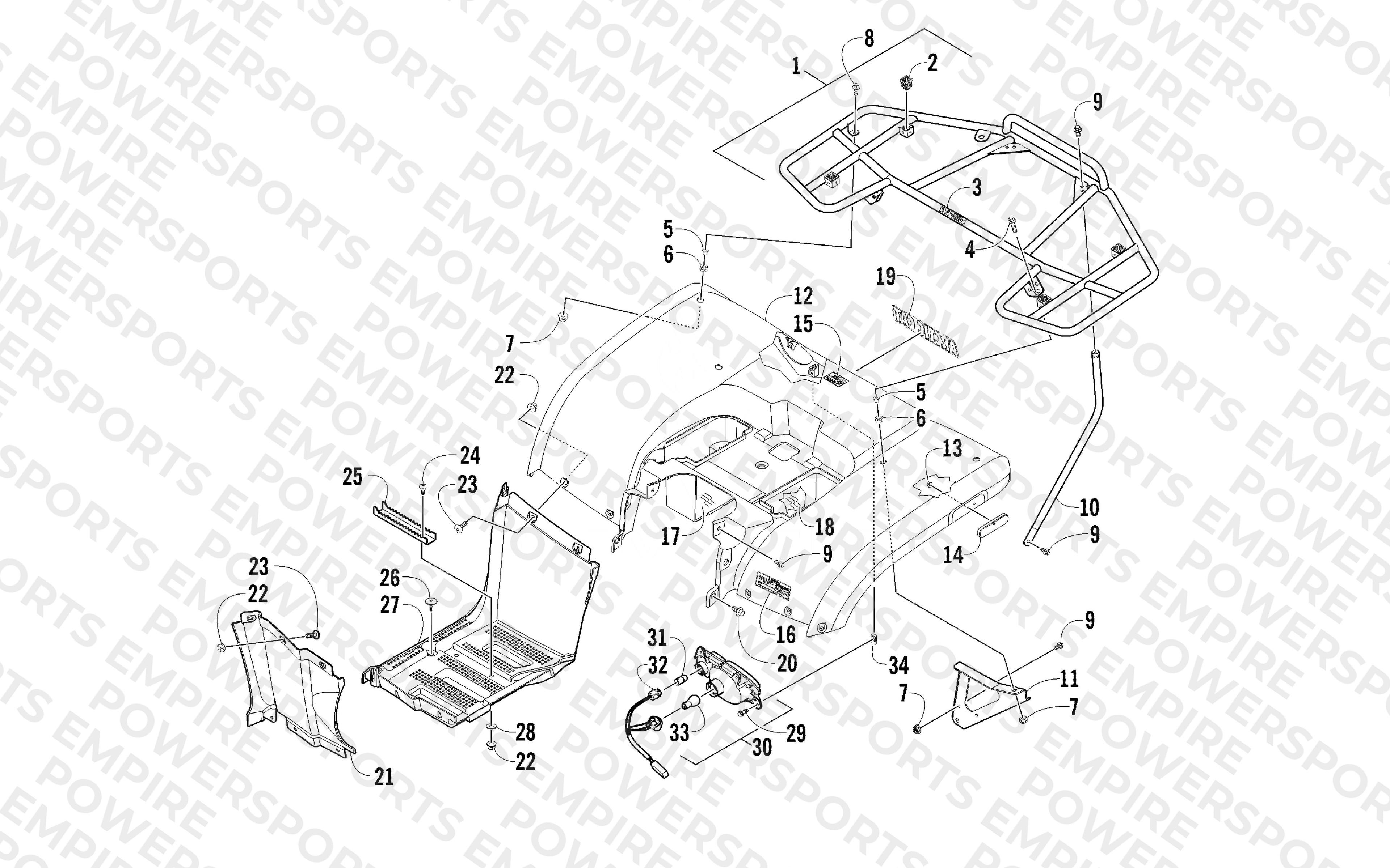 REAR BODY, RACK, AND TAILLIGHT ASSEMBLY