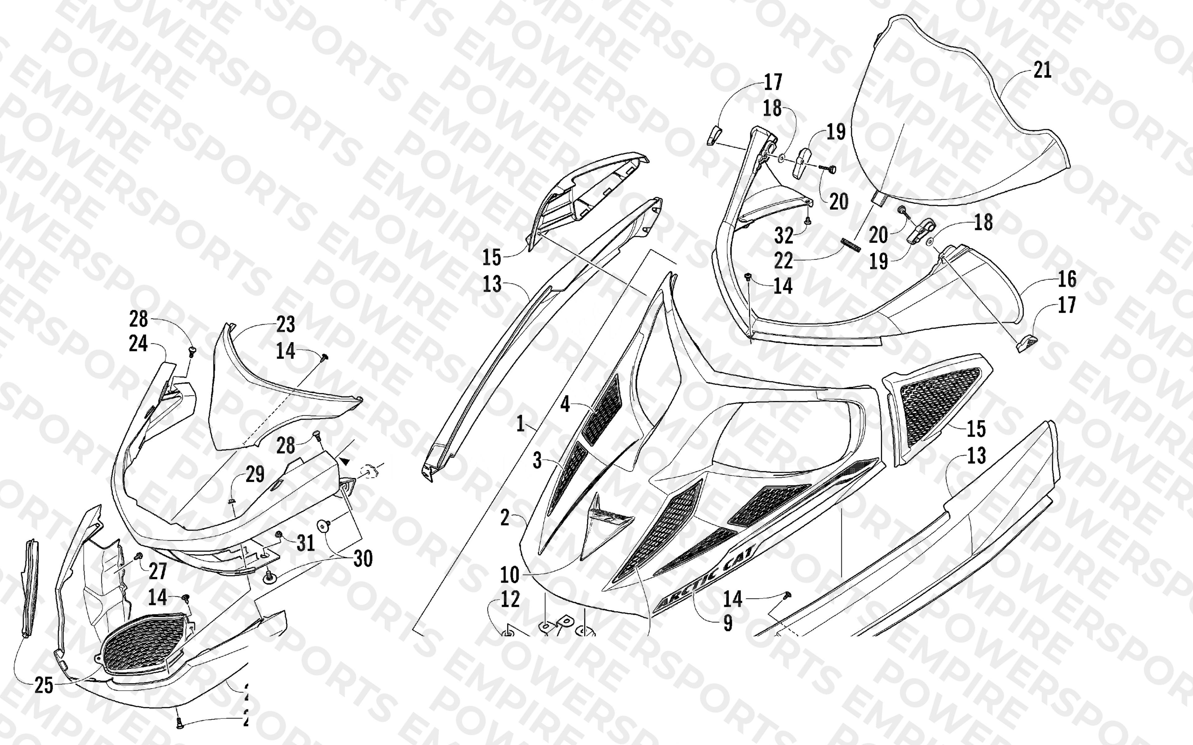 HOOD, WINDSHIELD, AND FRONT BUMPER ASSEMBLY