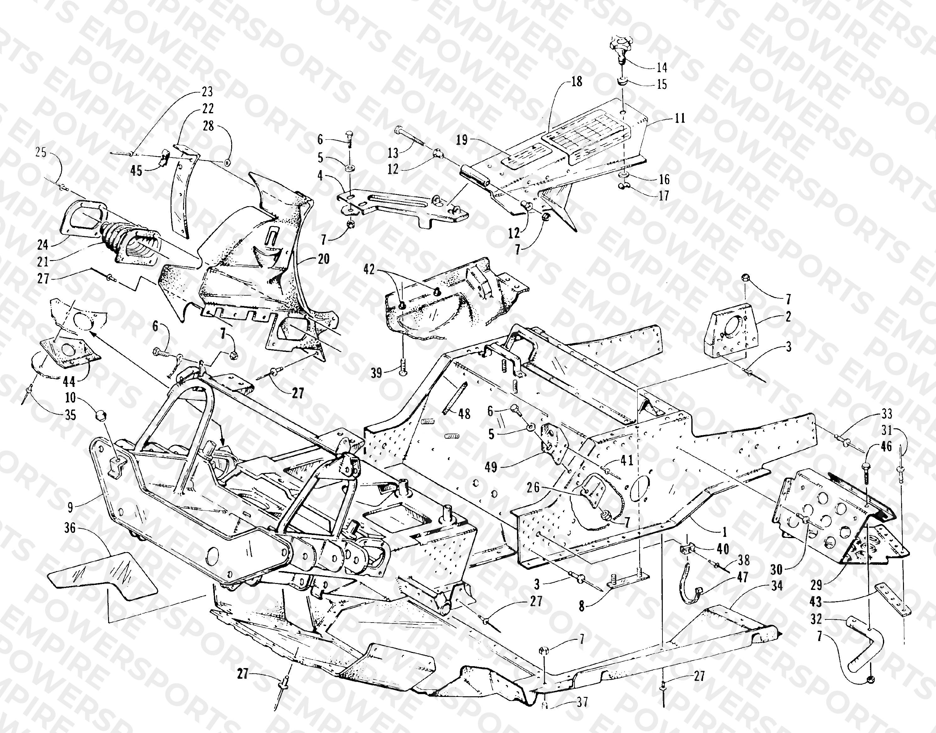 FRONT FRAME, BELLY PAN, AND FOOTREST ASSEMBLY