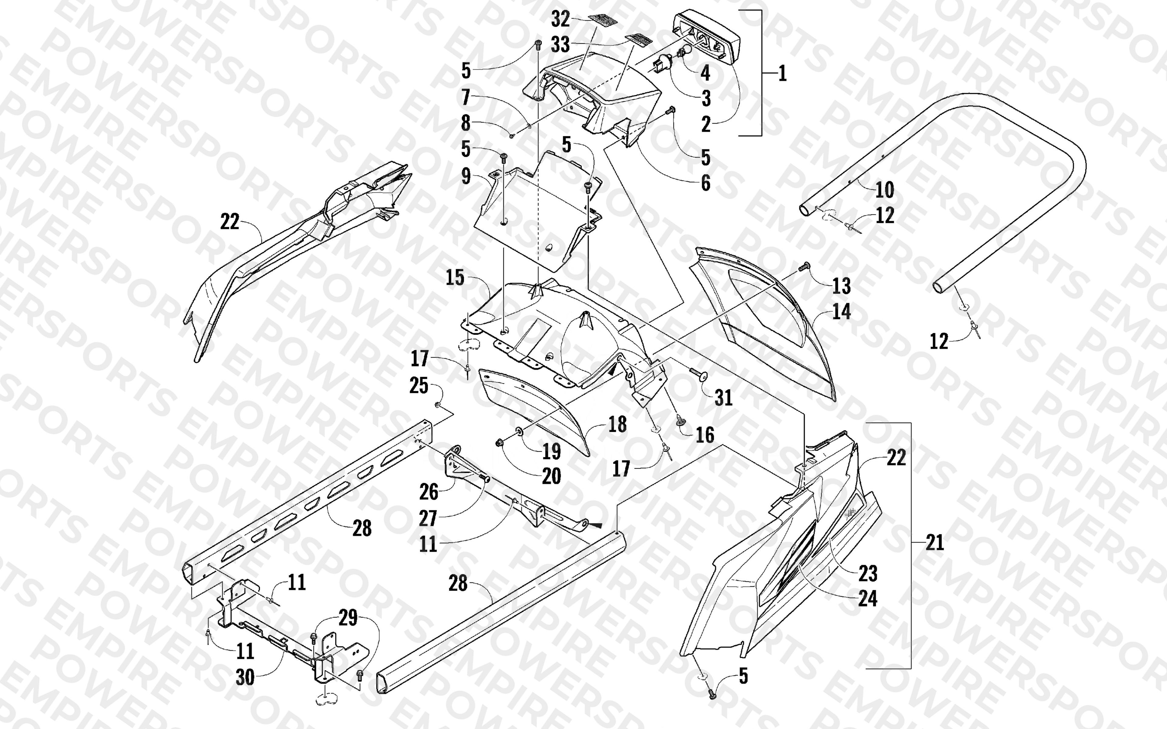 REAR BUMPER, RACK RAIL, SNOWFLAP, AND TAILLIGHT ASSEMBLY