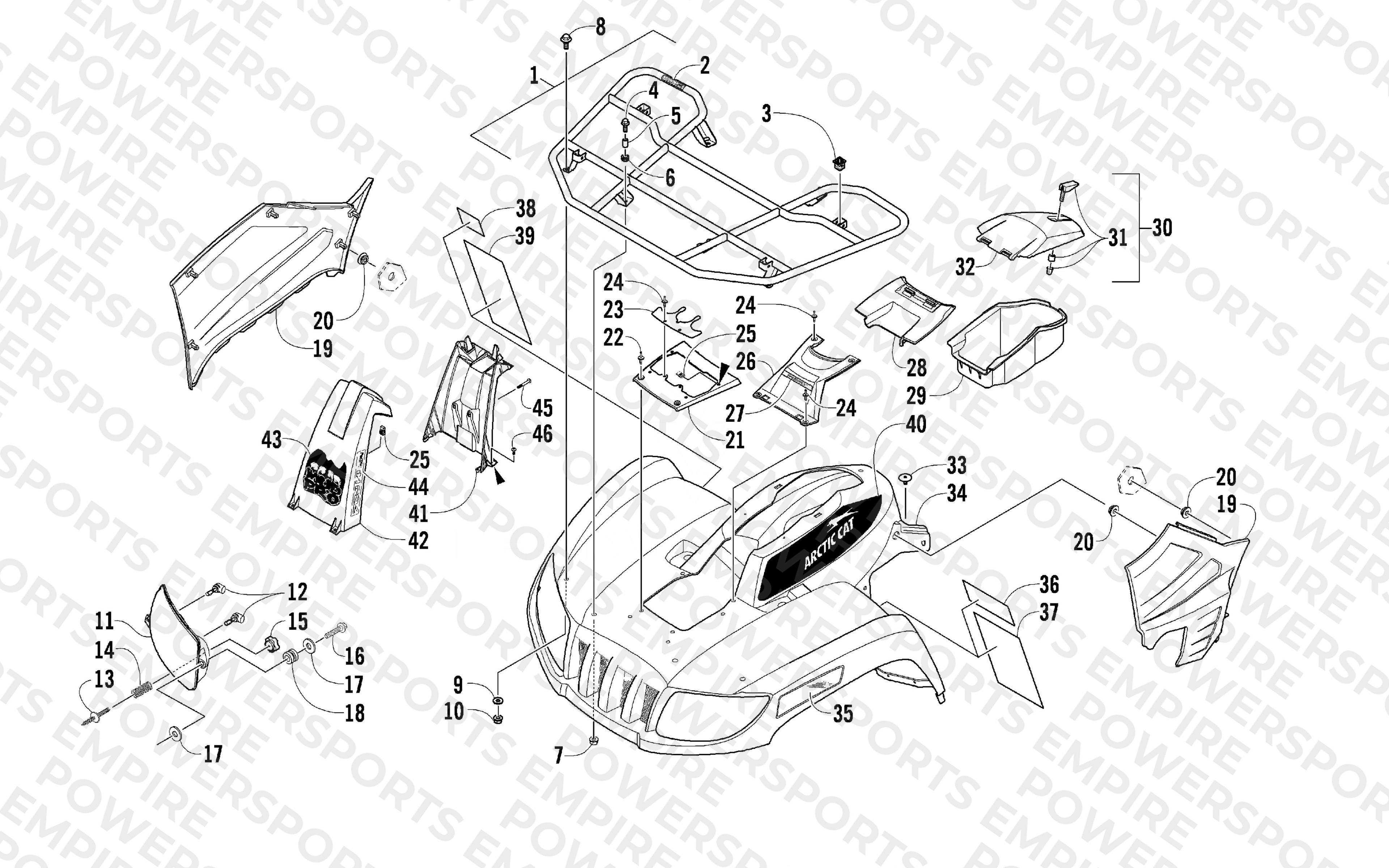 FRONT RACK, BODY PANEL, AND HEADLIGHT ASSEMBLIES
