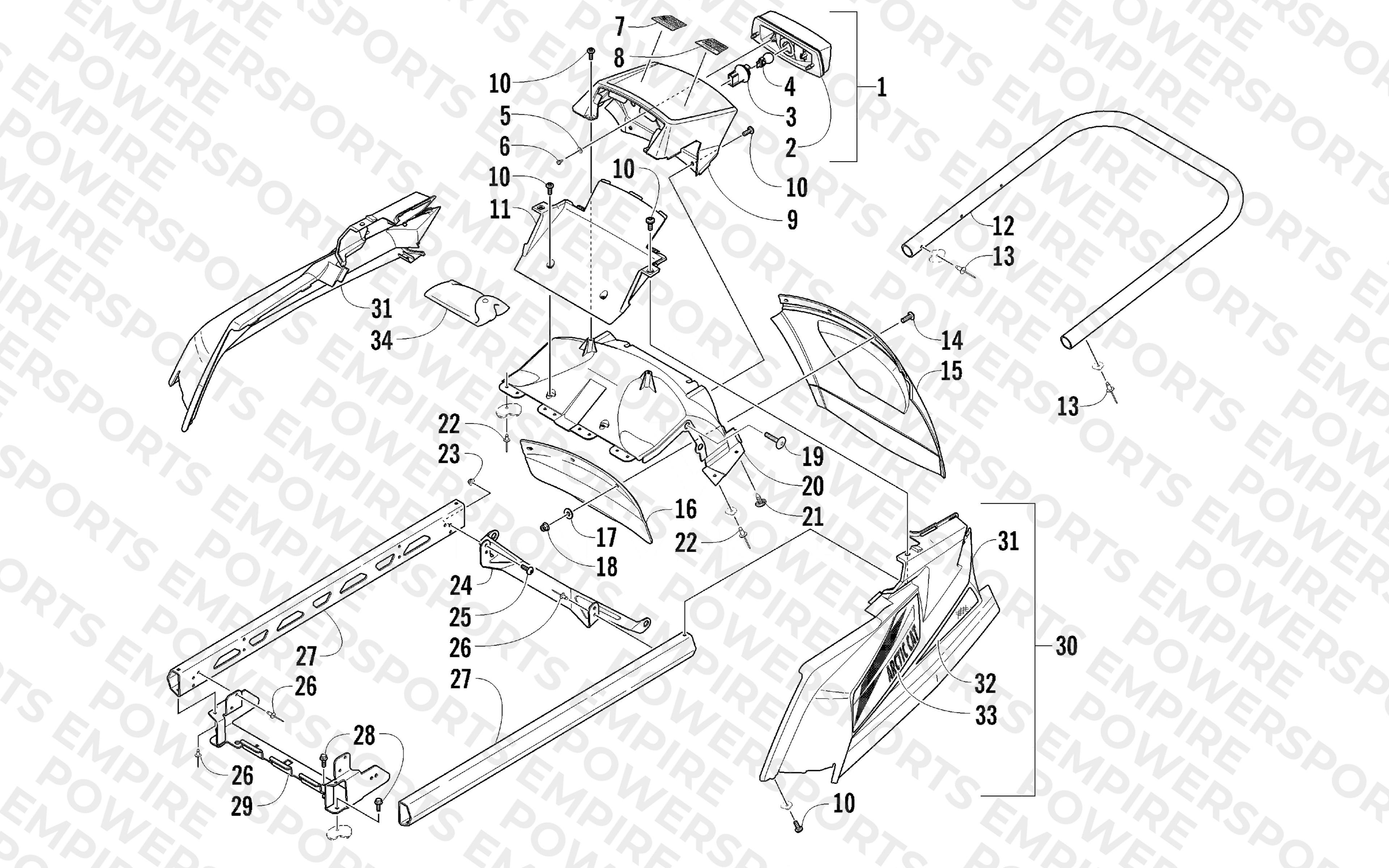 REAR BUMPER, RACK RAIL, SNOWFLAP, AND TAILLIGHT ASSEMBLY