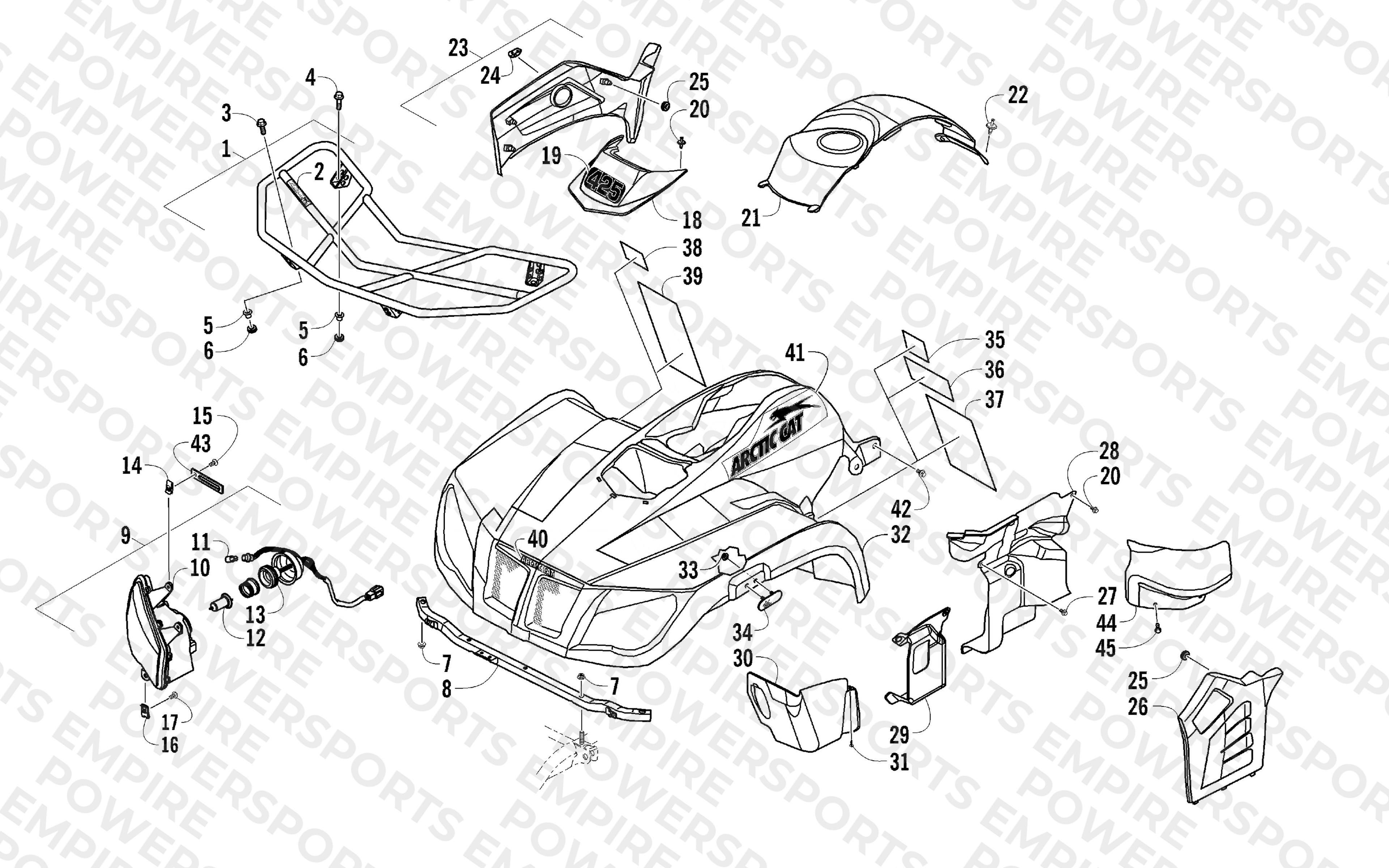 FRONT RACK, BODY PANEL, AND HEADLIGHT ASSEMBLIES