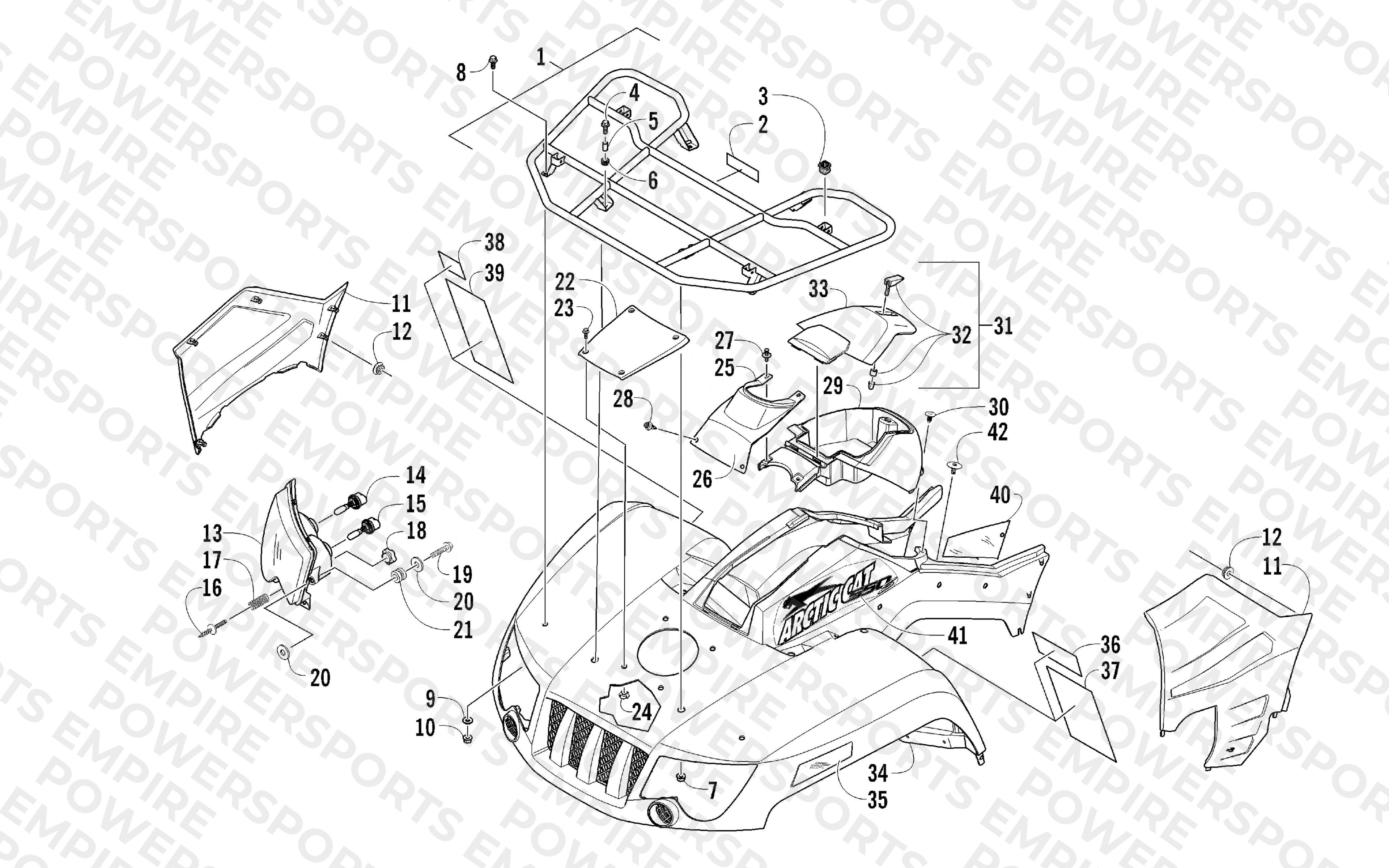 FRONT RACK, BODY PANEL, AND HEADLIGHT ASSEMBLIES