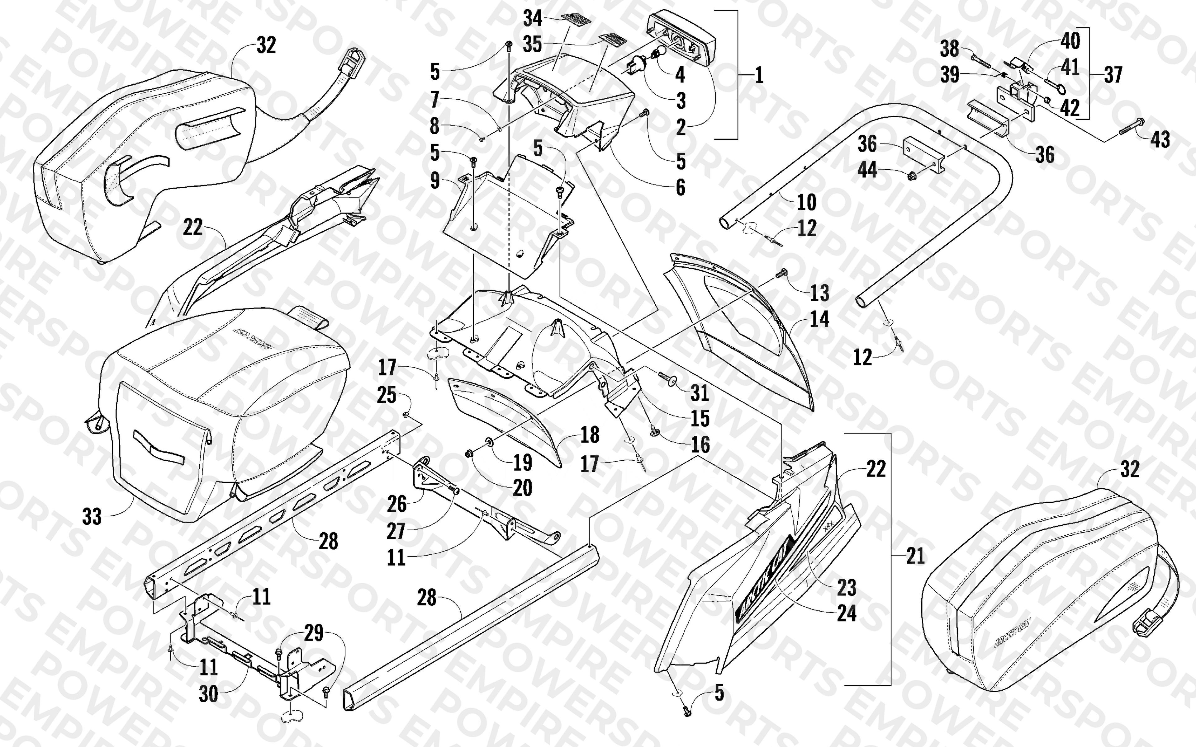 REAR BUMPER, RACK RAIL, SNOWFLAP, AND TAILLIGHT ASSEMBLY