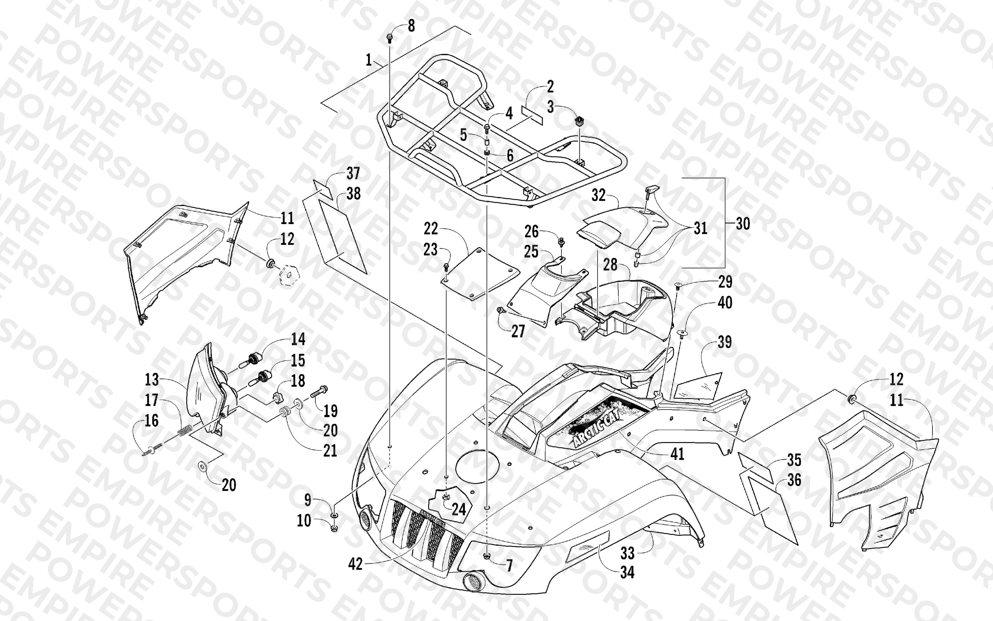 FRONT RACK, BODY PANEL, AND HEADLIGHT ASSEMBLIES