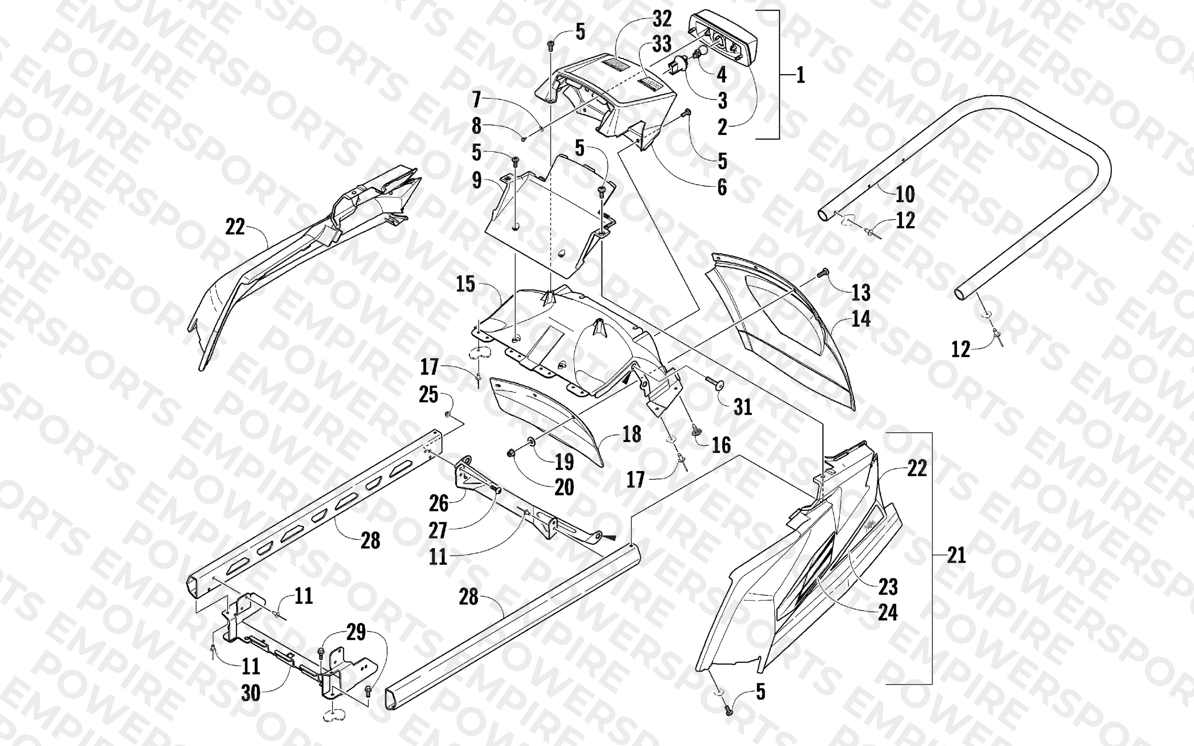 REAR BUMPER, RACK RAIL, SNOWFLAP, AND TAILLIGHT ASSEMBLY