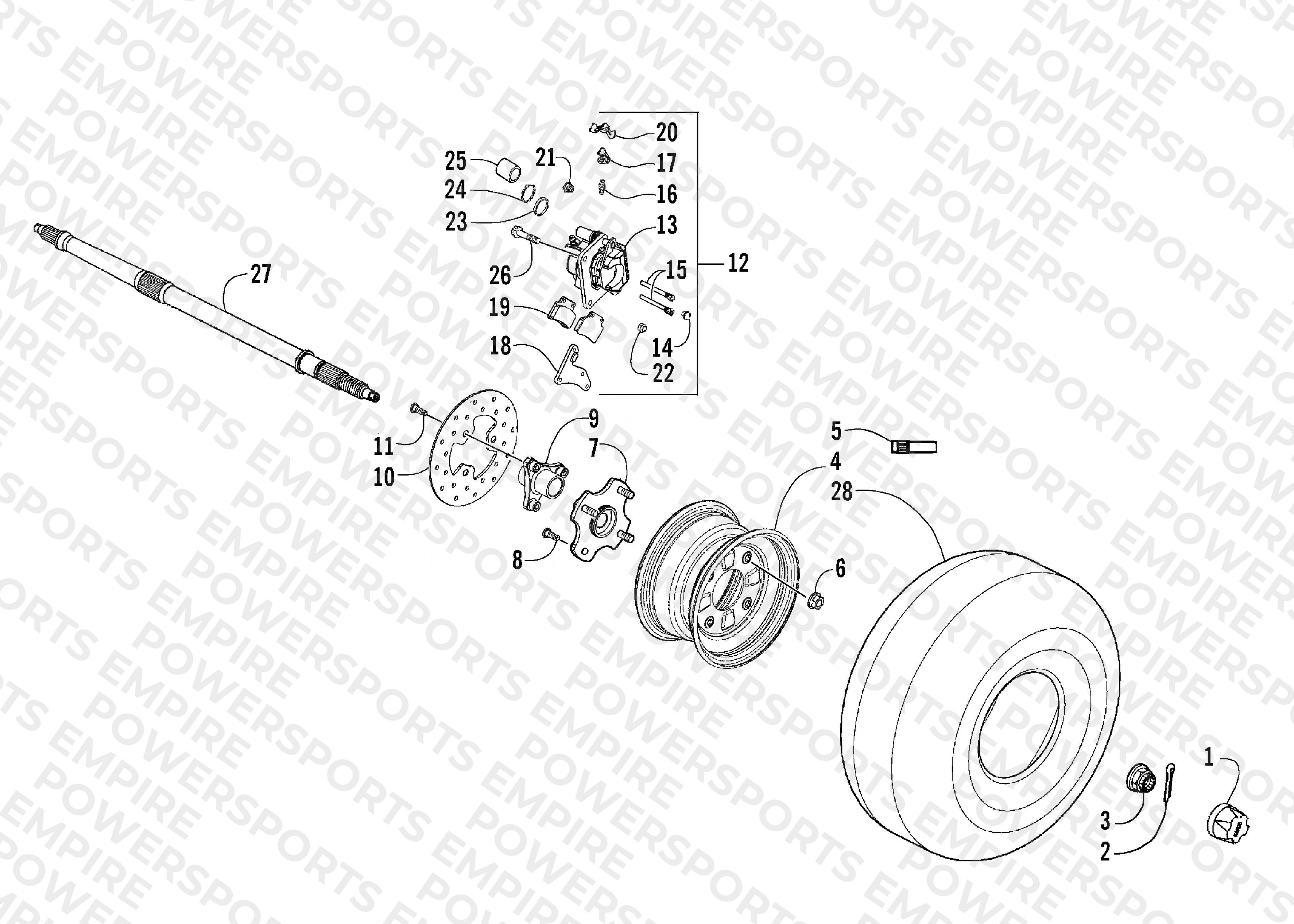 REAR WHEELS, AXLE, AND BRAKE ASSEMBLY