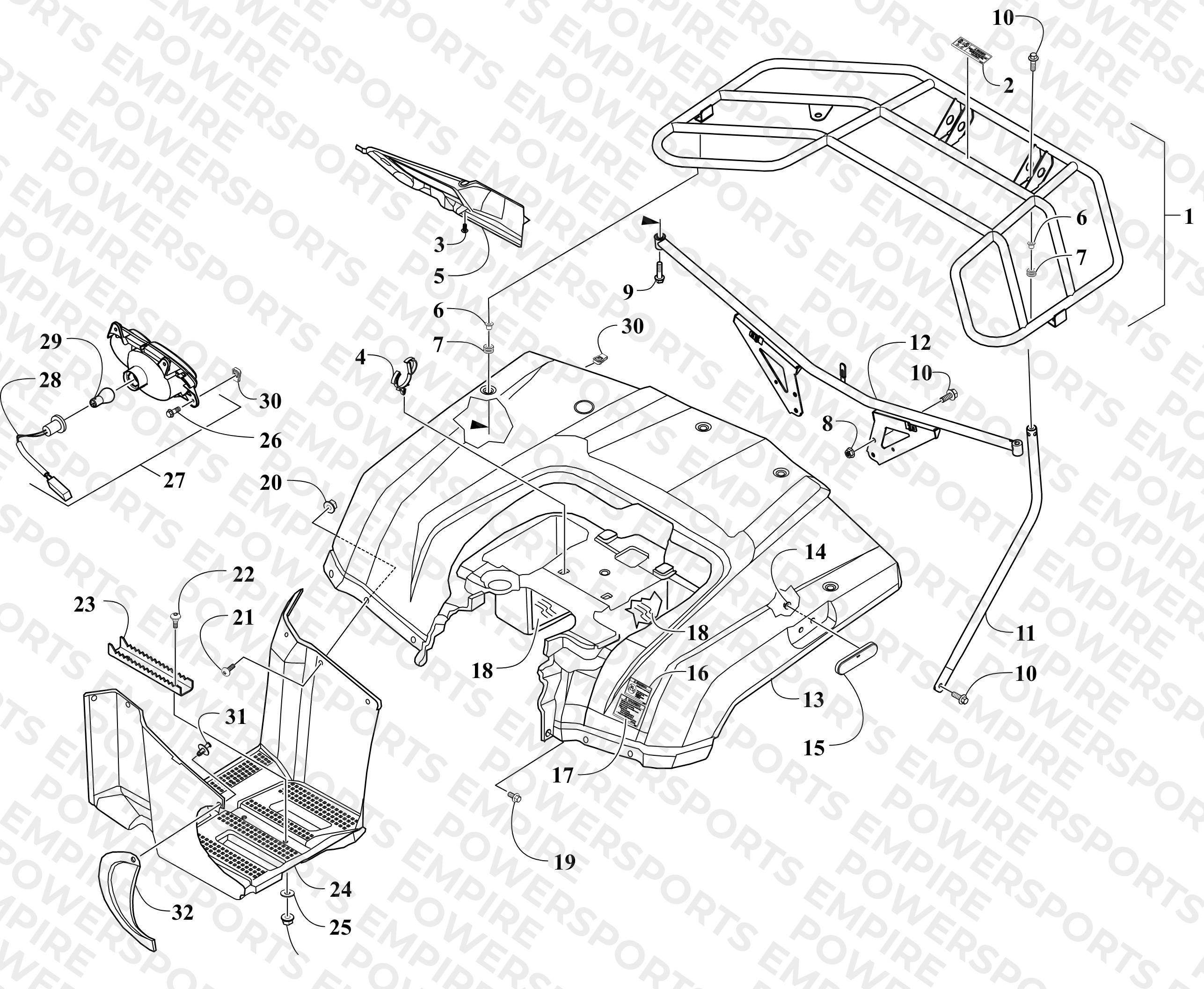 REAR BODY, RACK, AND TAILLIGHT ASSEMBLY