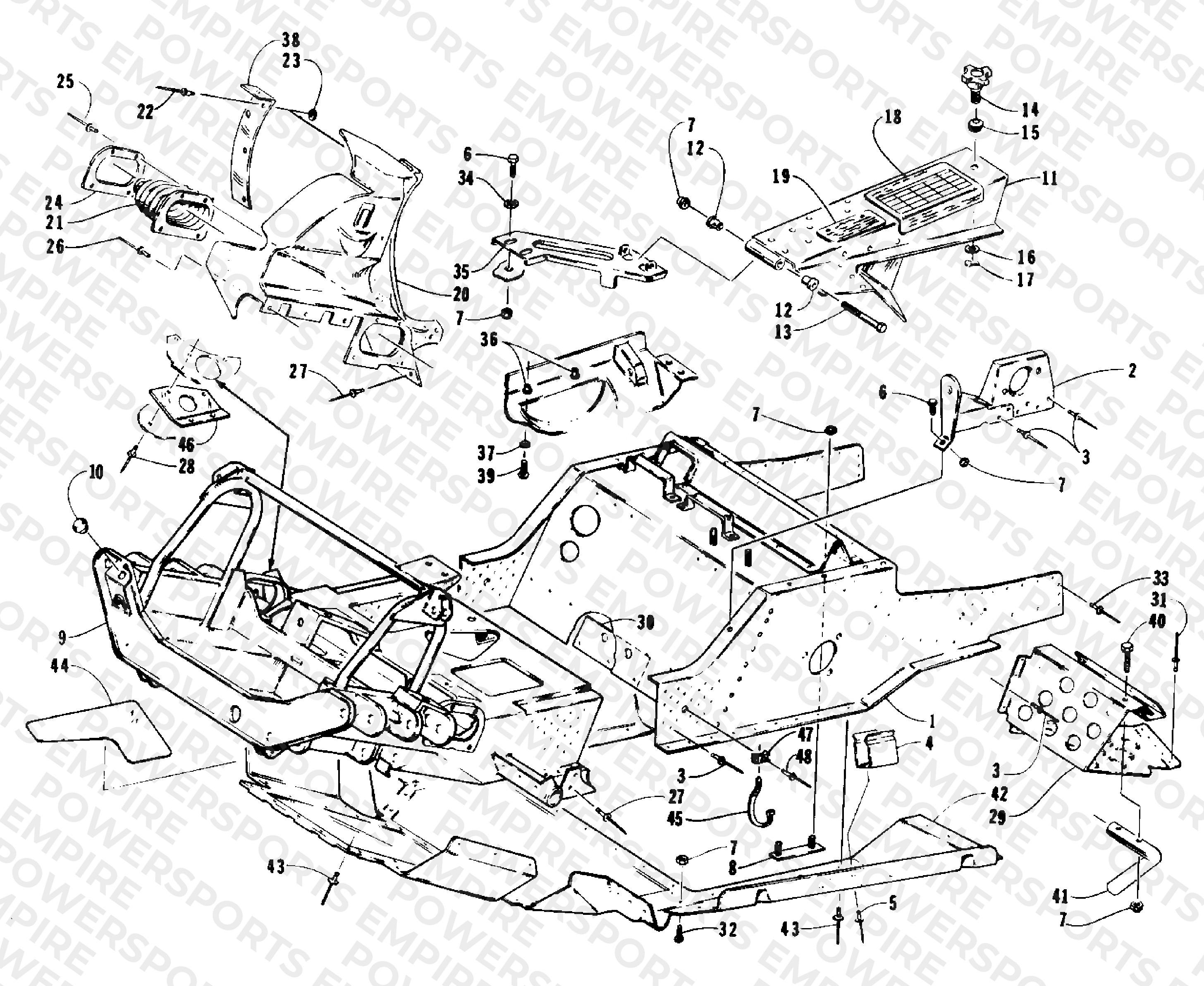FRONT FRAME, BELLY PAN AND FOOTREST ASSEMBLY