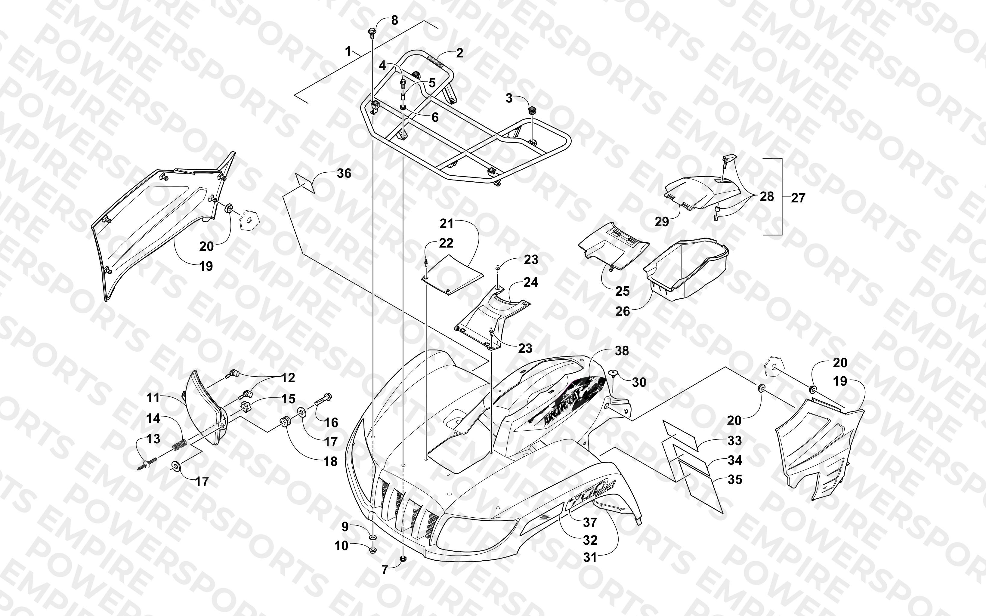 FRONT RACK, BODY PANEL, AND HEADLIGHT ASSEMBLIES