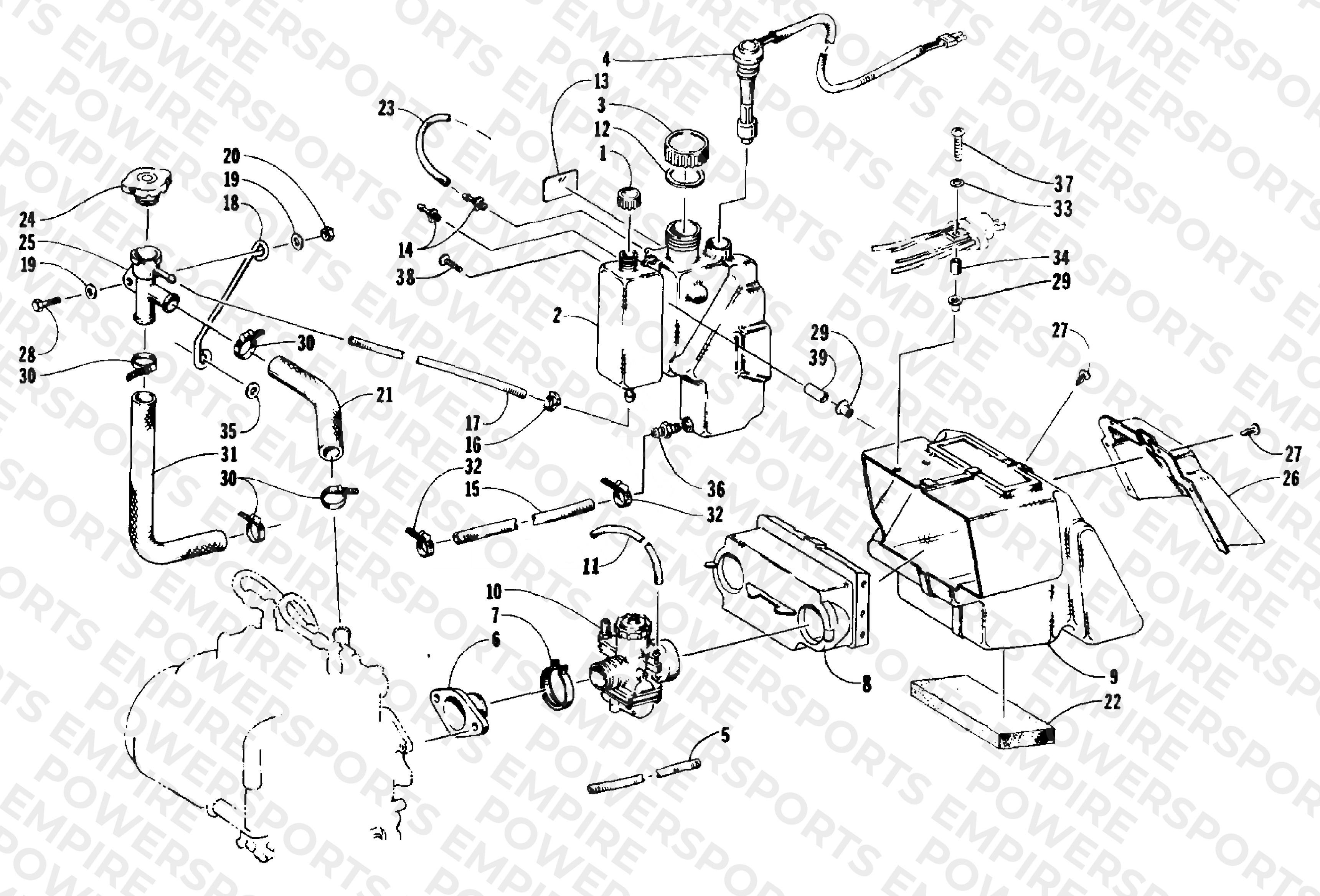 OIL/WATER TANK, CARBURETOR, AND SILENCER ASSEMBLIES