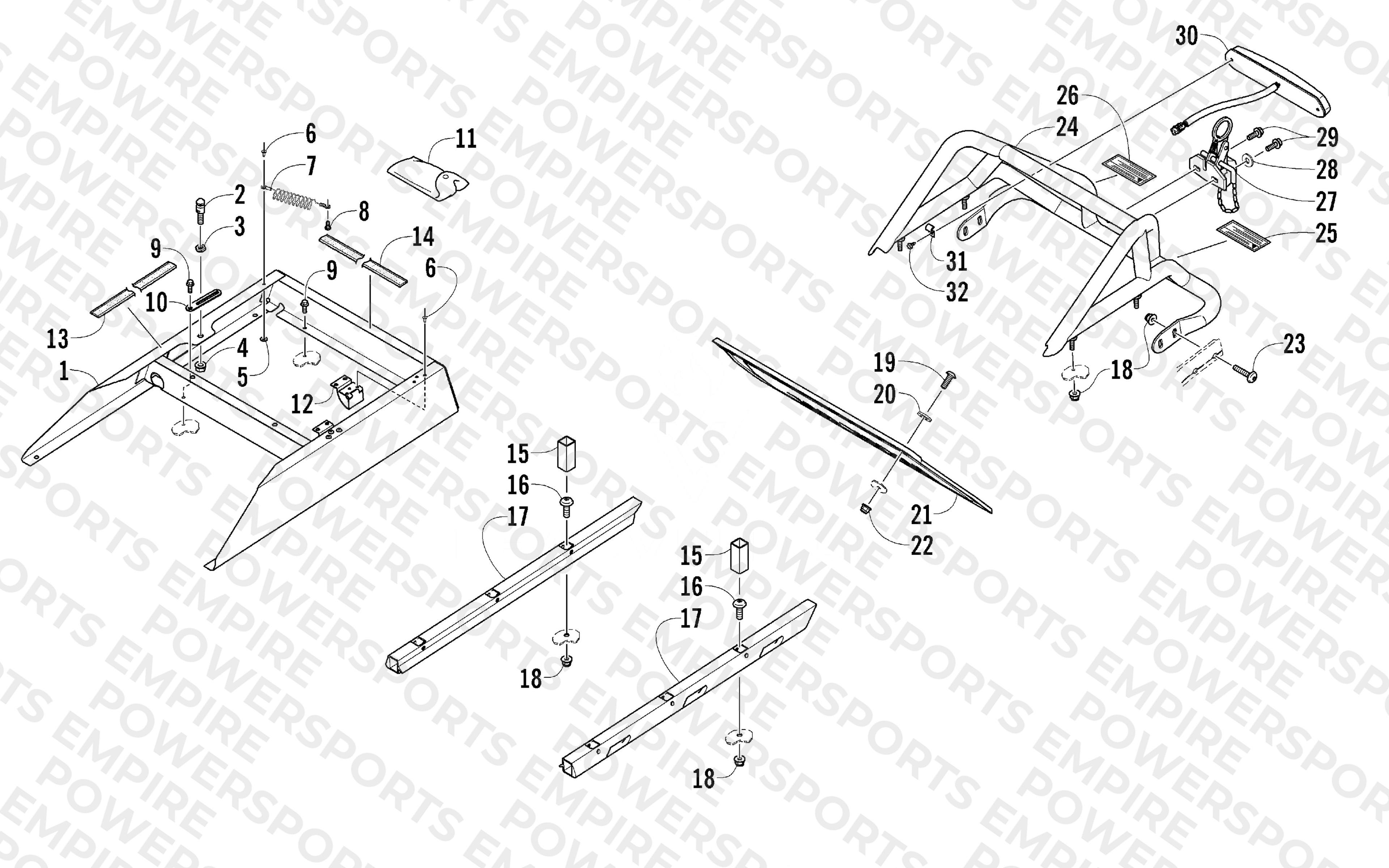 REAR BUMPER, RACK RAIL, SNOWFLAP, AND TAILLIGHT ASSEMBLY