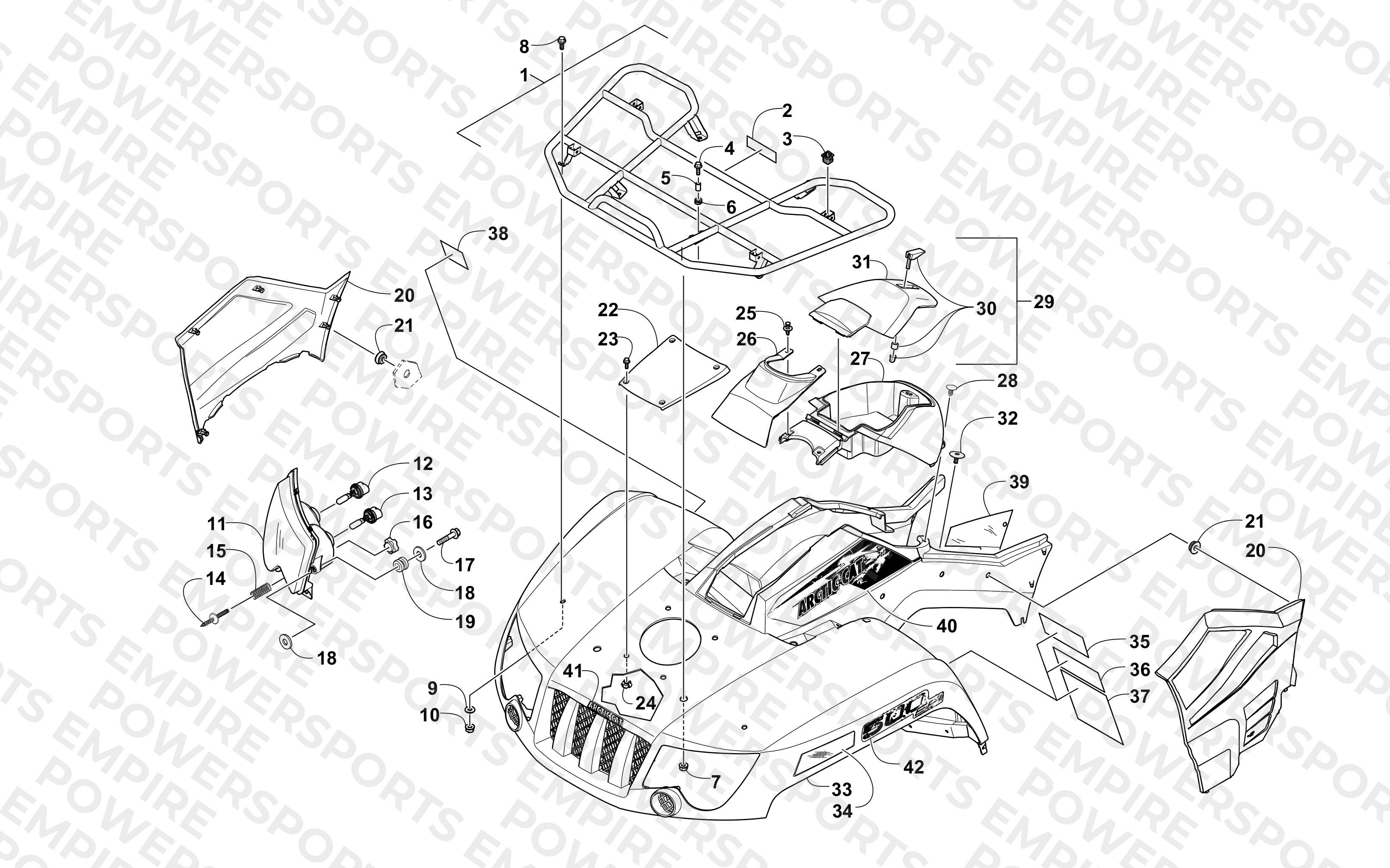 FRONT RACK, BODY PANEL, AND HEADLIGHT ASSEMBLIES