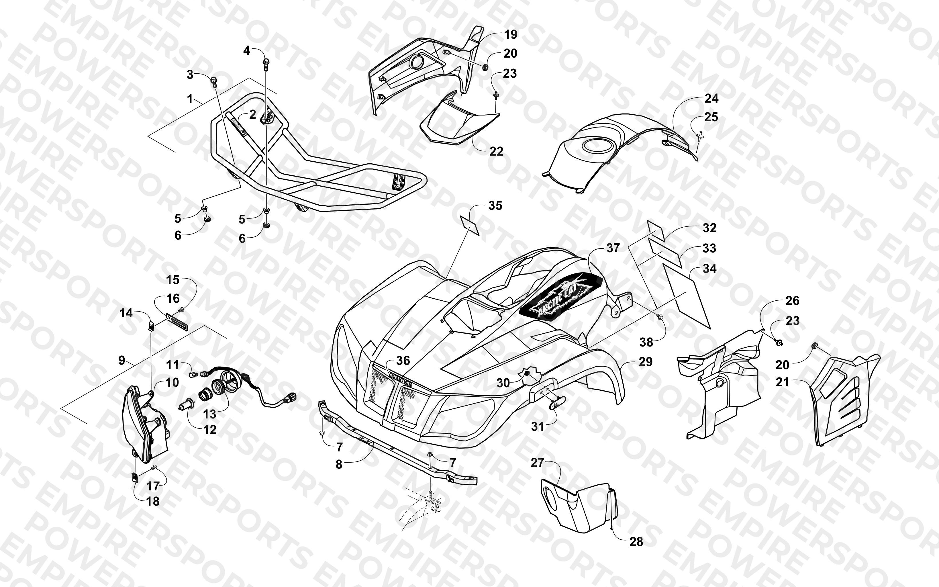FRONT BODY, RACK, AND HEADLIGHT ASSEMBLY