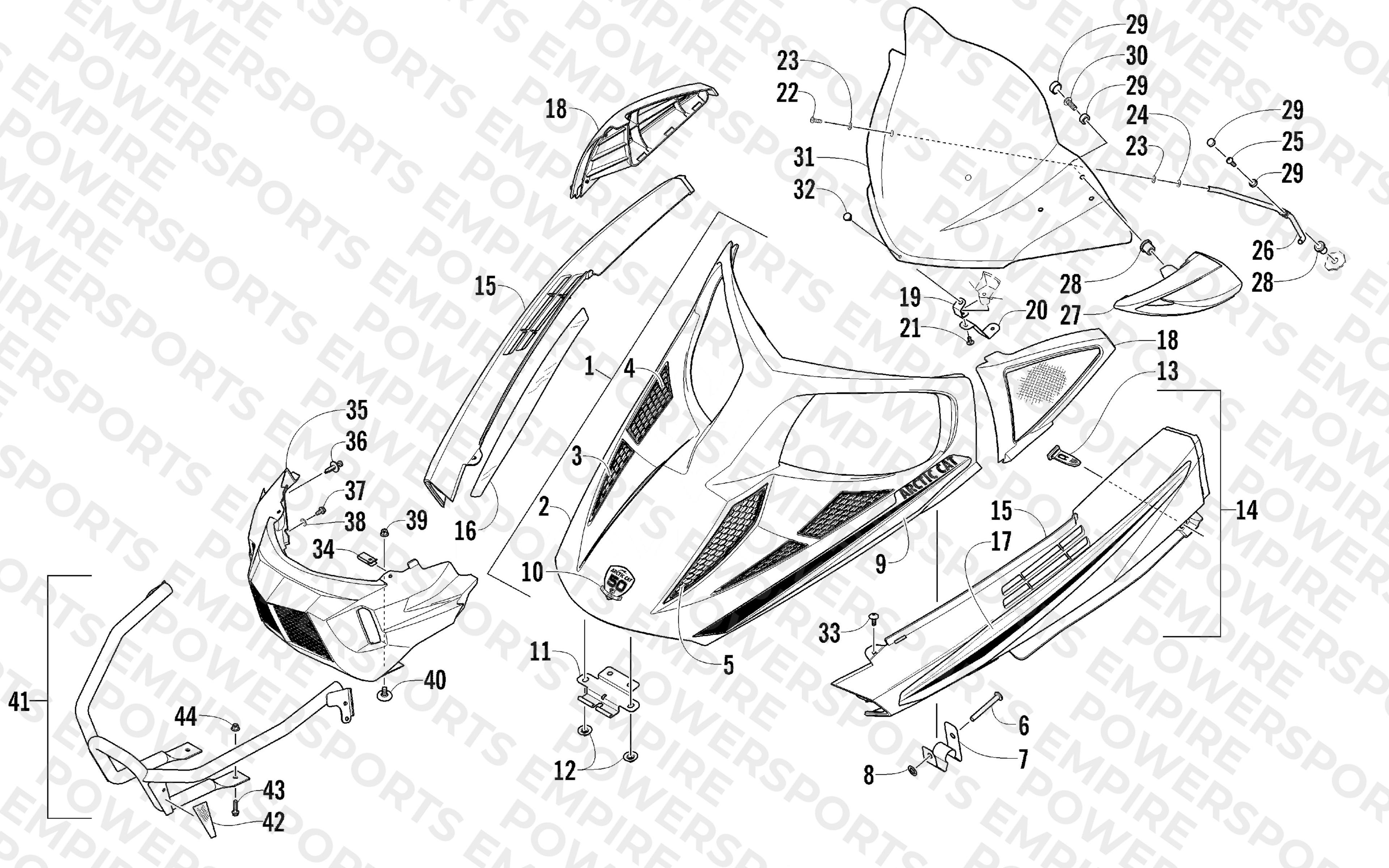 HOOD, WINDSHIELD, AND FRONT BUMPER ASSEMBLY