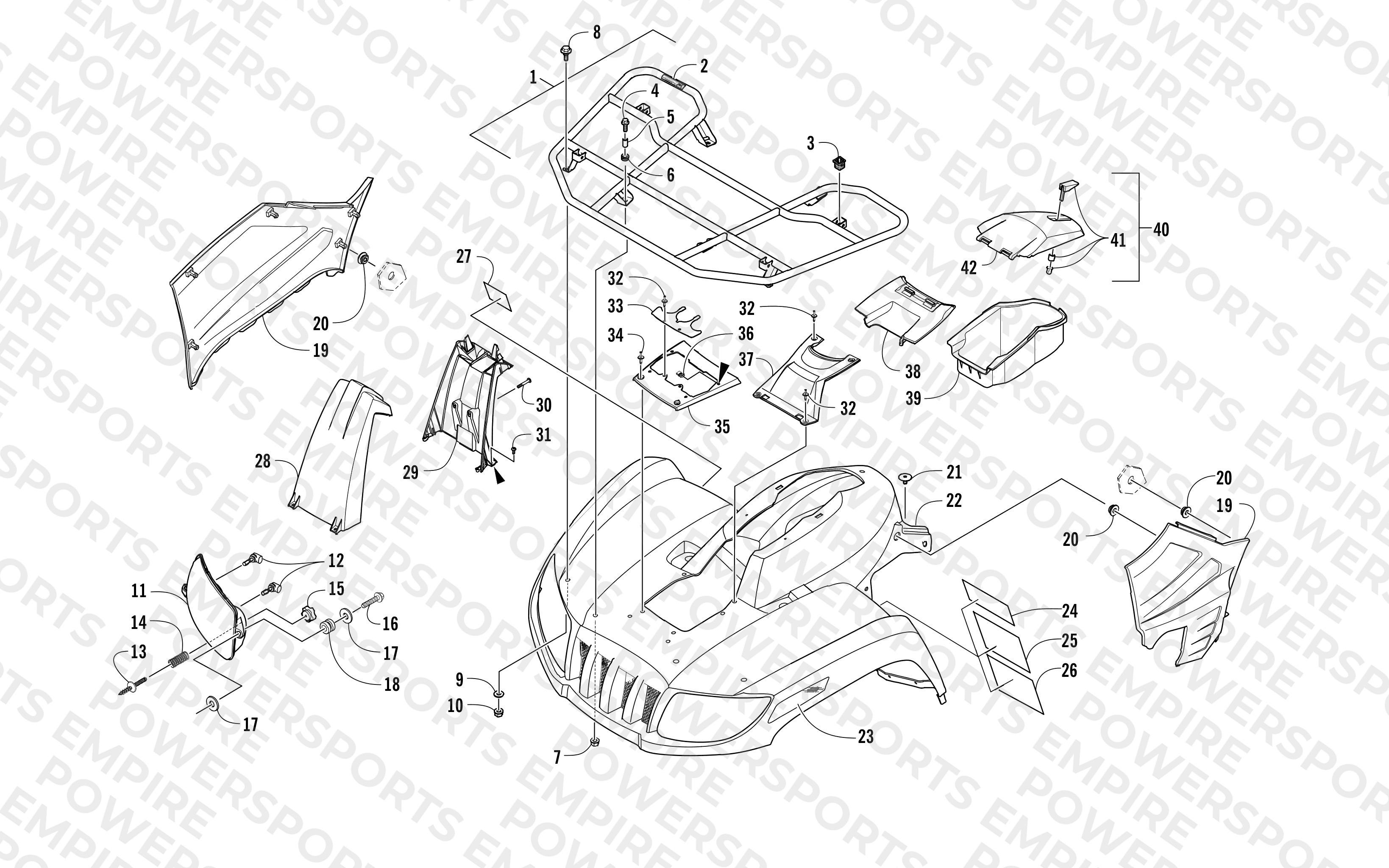 FRONT RACK, BODY PANEL, AND HEADLIGHT ASSEMBLIES