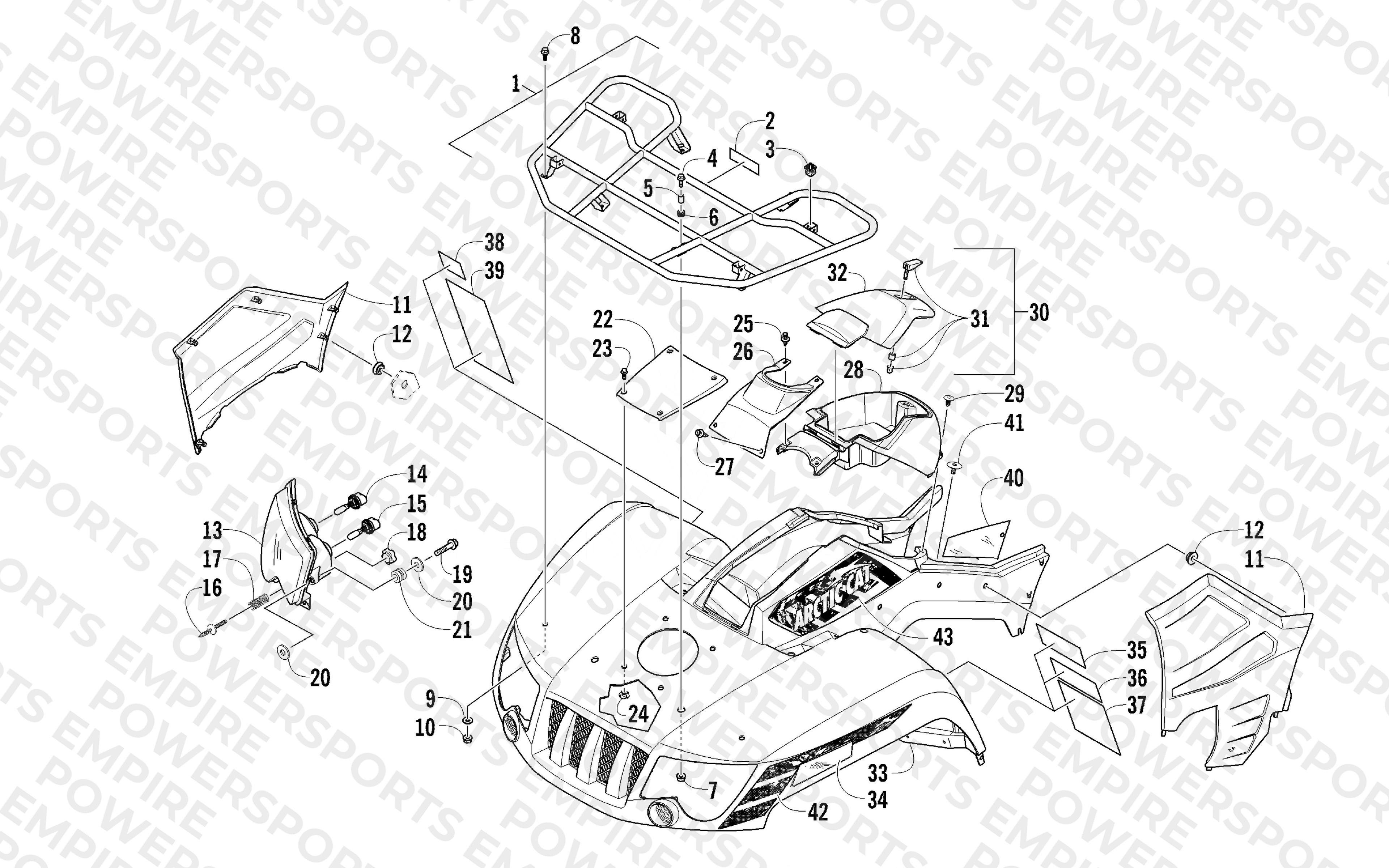 FRONT RACK, BODY PANEL, AND HEADLIGHT ASSEMBLIES