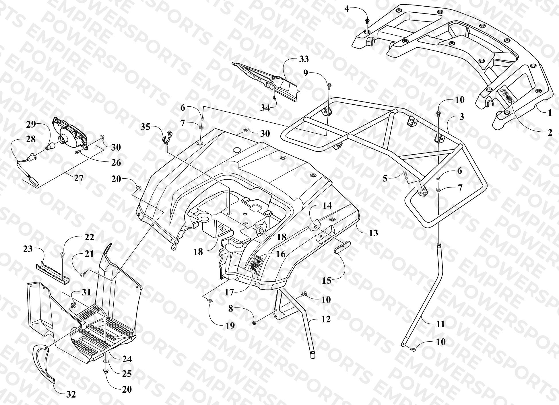 REAR BODY, RACK, AND TAILLIGHT ASSEMBLY