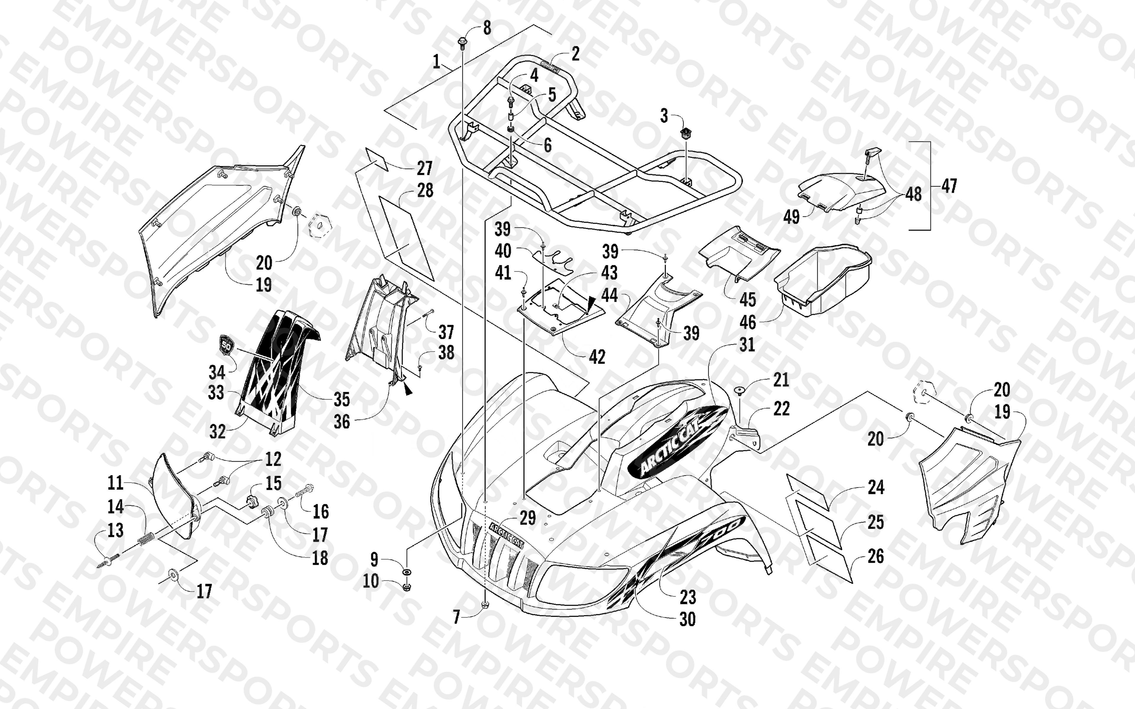 FRONT RACK, BODY PANEL, AND HEADLIGHT ASSEMBLIES