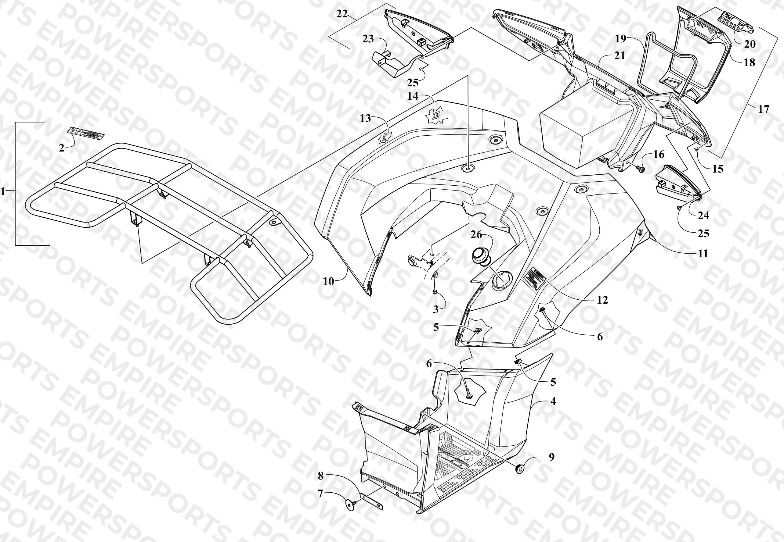 REAR RACK, BODY PANEL, FOOTWELL, AND TAILLIGHT ASSEMBLIES
