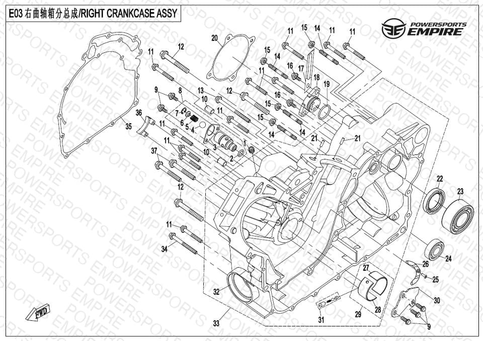 E03 — RIGHT CRANKCASE ASSY