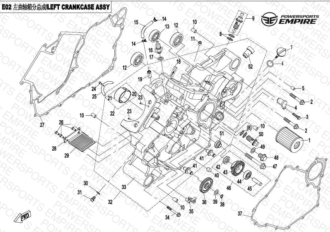 E02 — LEFT CRANKCASE ASSY