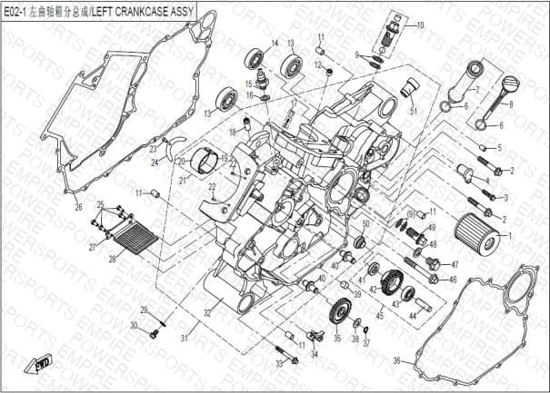 E02 — LEFT CRANKCASE ASSY.