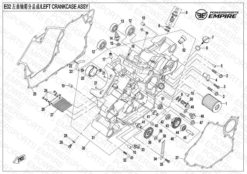 E02 — LEFT CRANKCASE ASSY