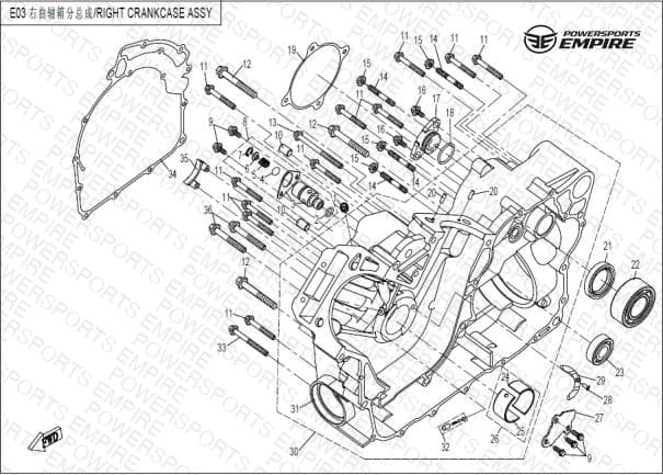 E03 — RIGHT CRANKCASE ASSY.